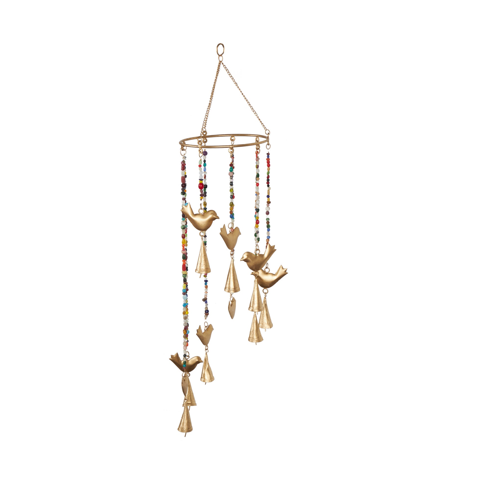 Bird Gold Metal Handmade Indoor Outdoor Windchime with Glass Beads and Cone Bells