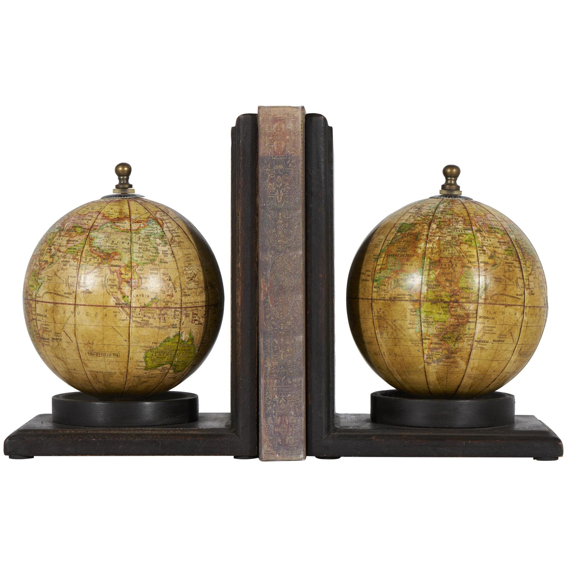 Set of 2 World Map Brown Wood Globe Decorative Bookends