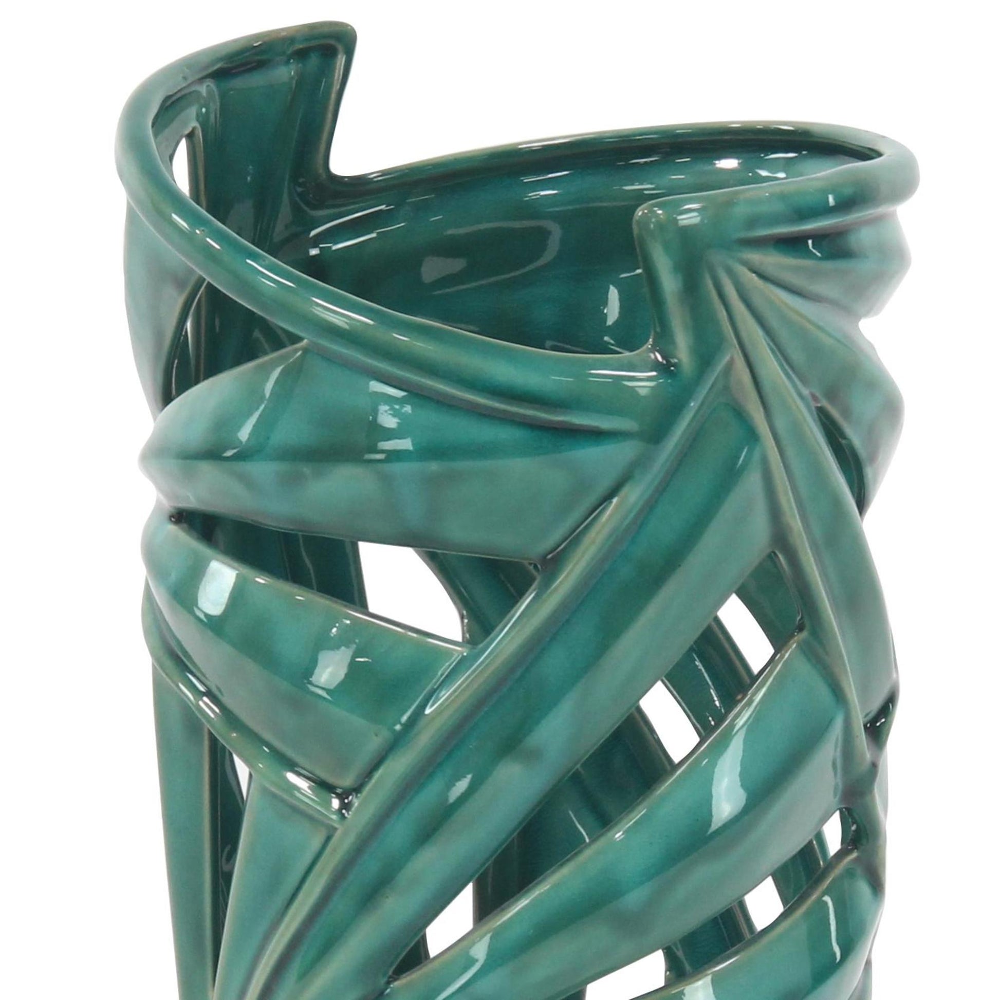 CosmoLiving by Cosmopolitan Leaf Green Ceramic Decorative Vase with Cut Out Deigns