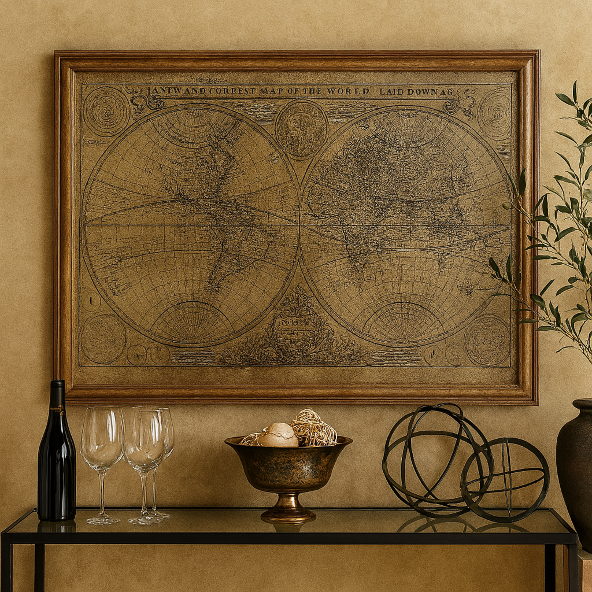 World Map Beige Canvas Living Room Framed Wall Art with Gold Frame