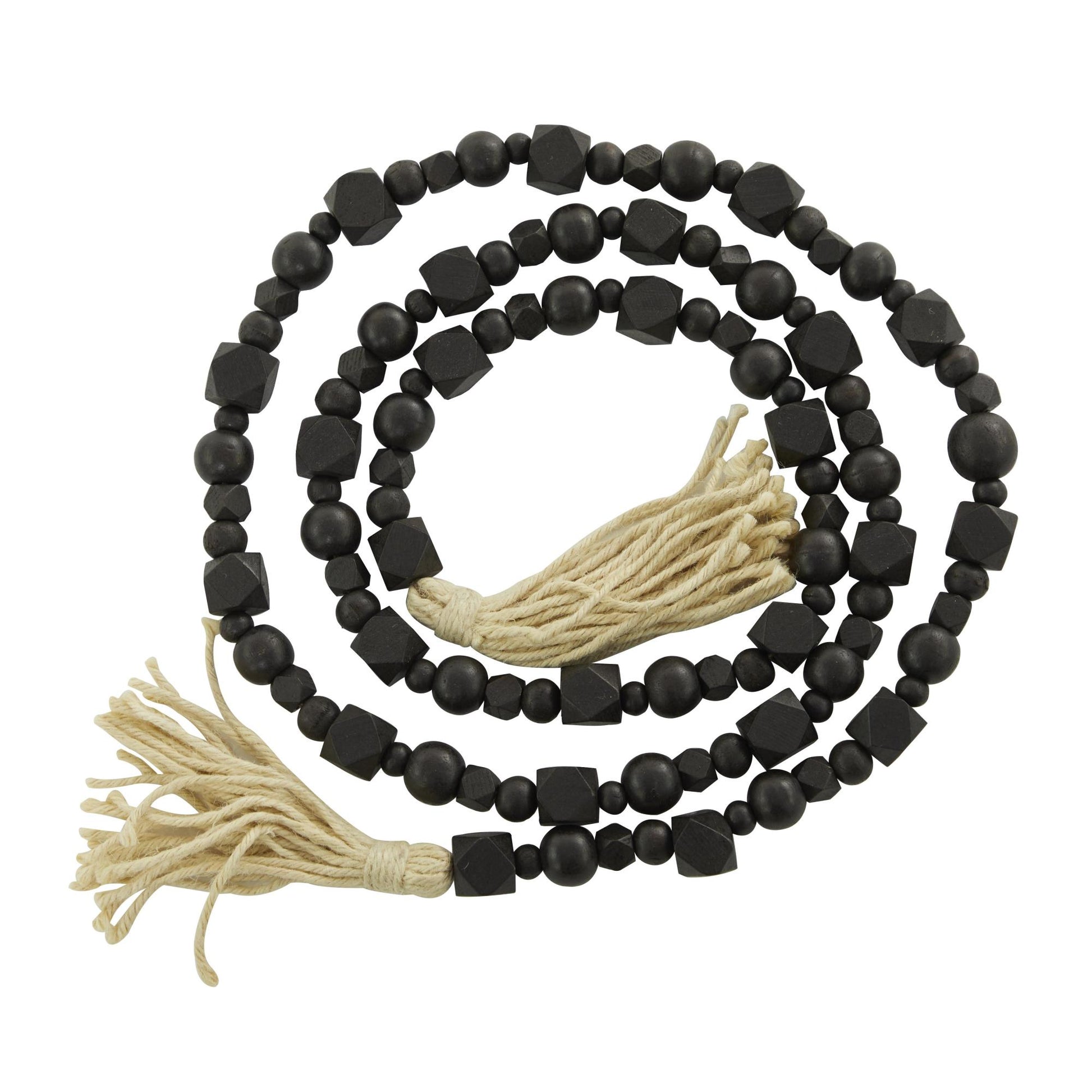 Mango Wood Handmade Hexagon Carved Geometric Long Beaded Garland with Tassel