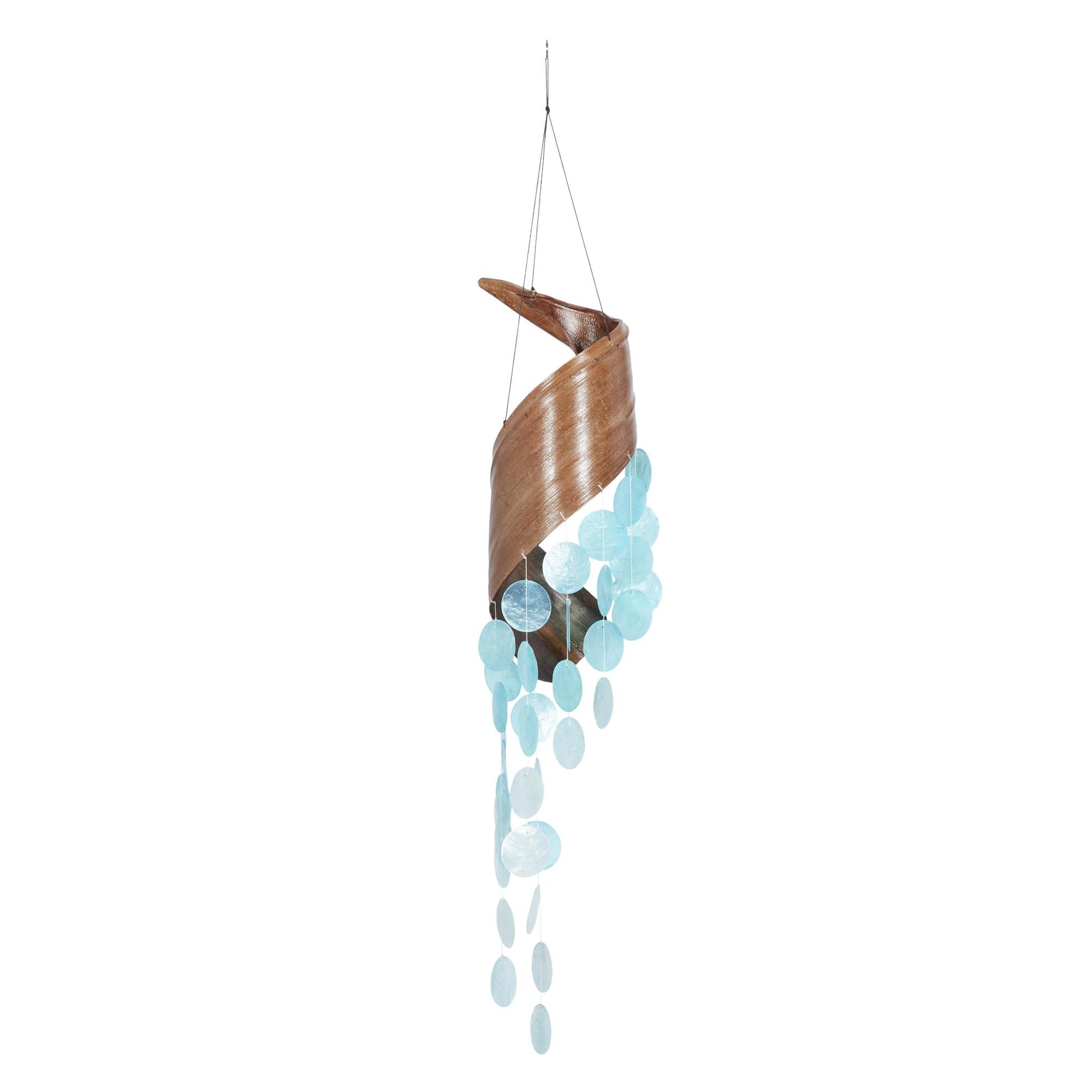 Geometric Teal Shell Spiral Waterfall Indoor Outdoor Windchime with Black Rope
