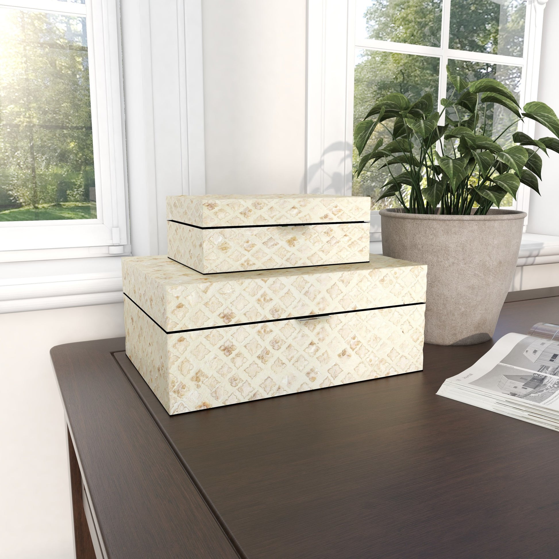 Set of 2 Cream Mother of Pearl Shell Handmade Decorative Box with Hinged Lid