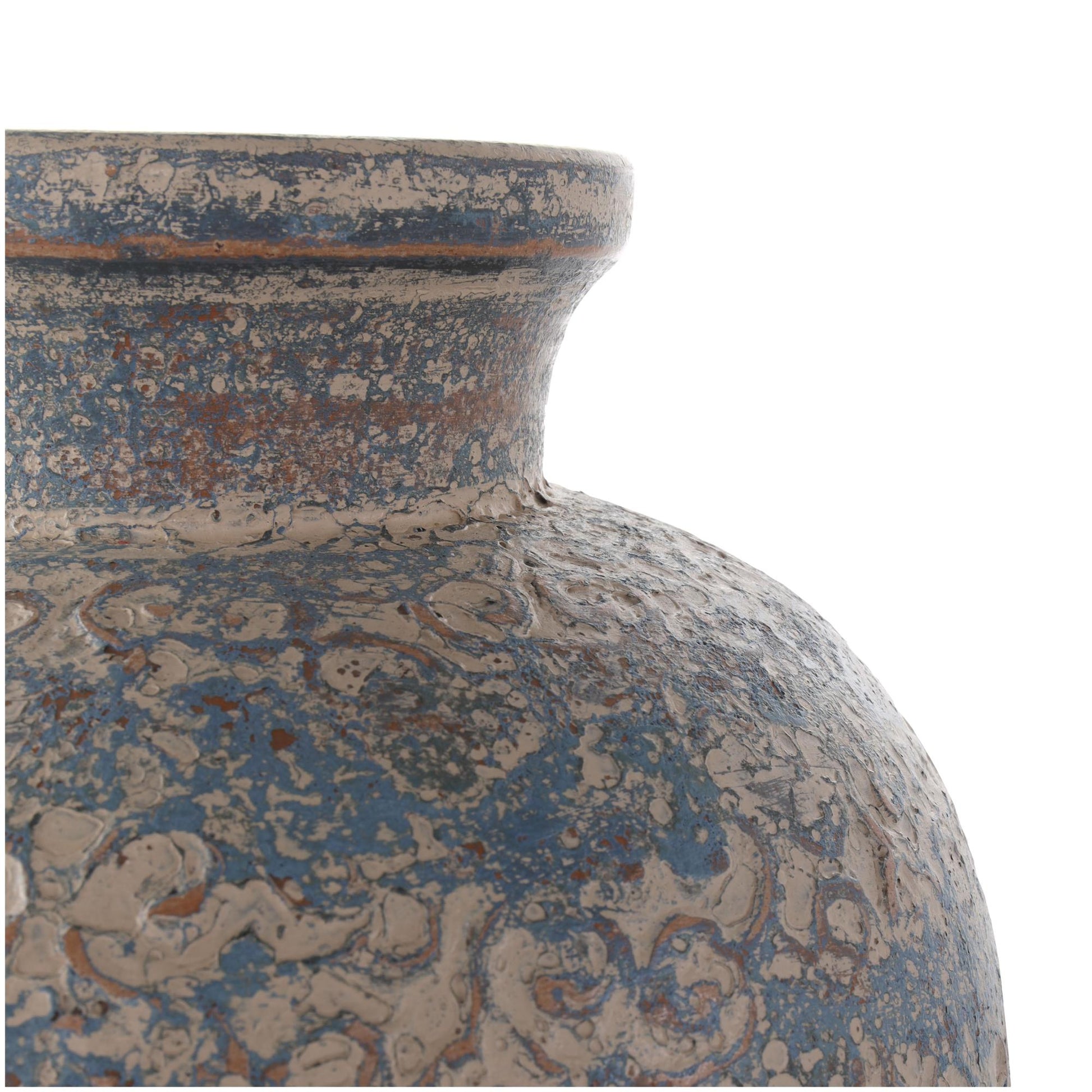 Scroll Beige Ceramic Handmade Antique Style Wide Rounded Decorative Vase with Blue and Copper Accents