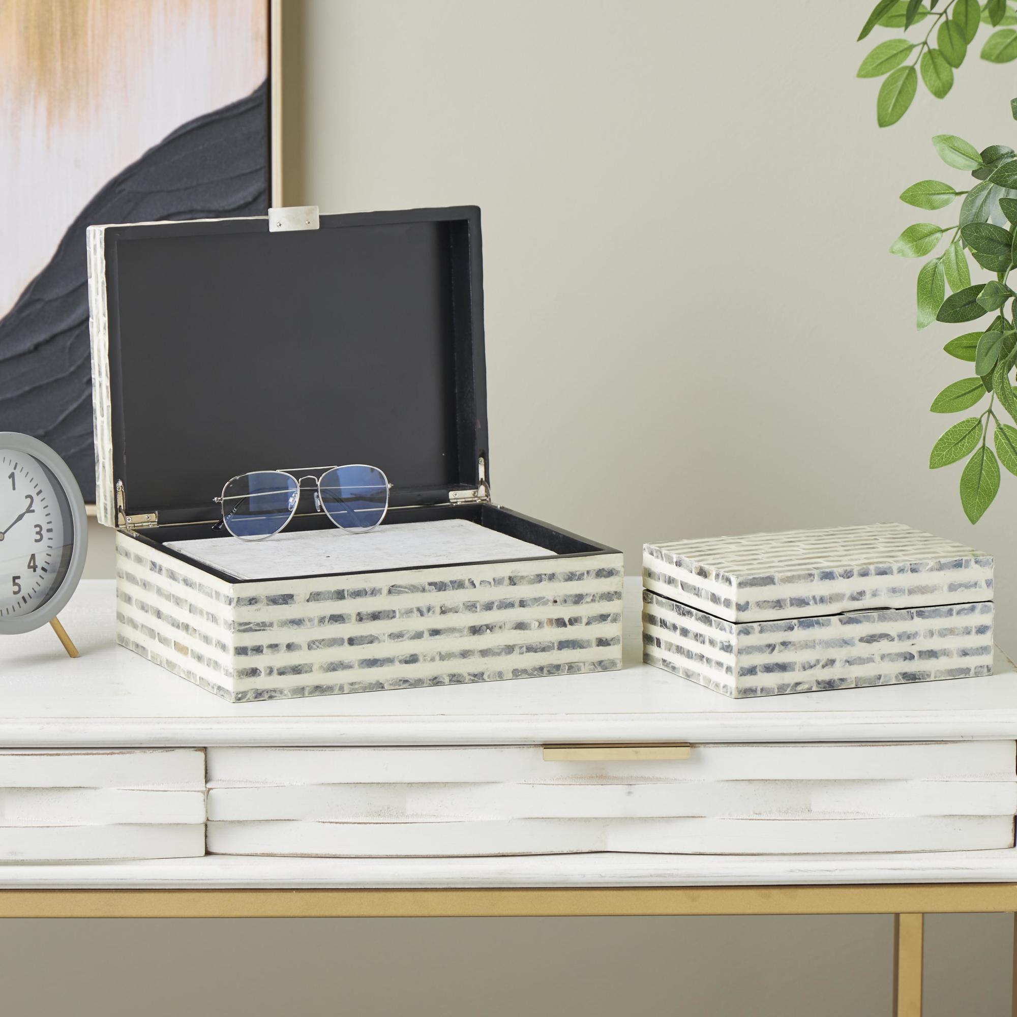 Set of 2 Geometric Cream Mother of Pearl Shell Handmade Linear Mosaic Storage Decorative Box