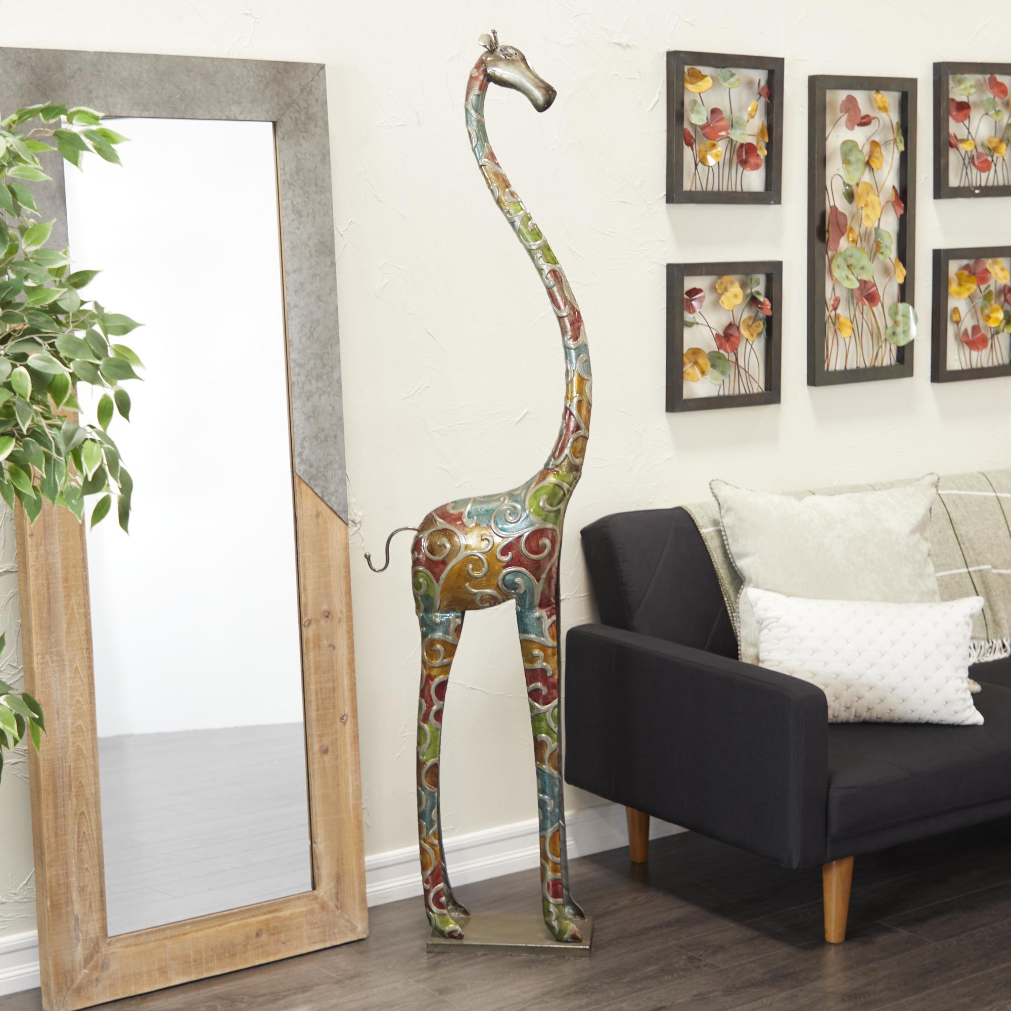 Giraffe Multi Colored Metal Indoor Outdoor Tall Decorative Sculpture with Detailed Embossed Scrollwork
