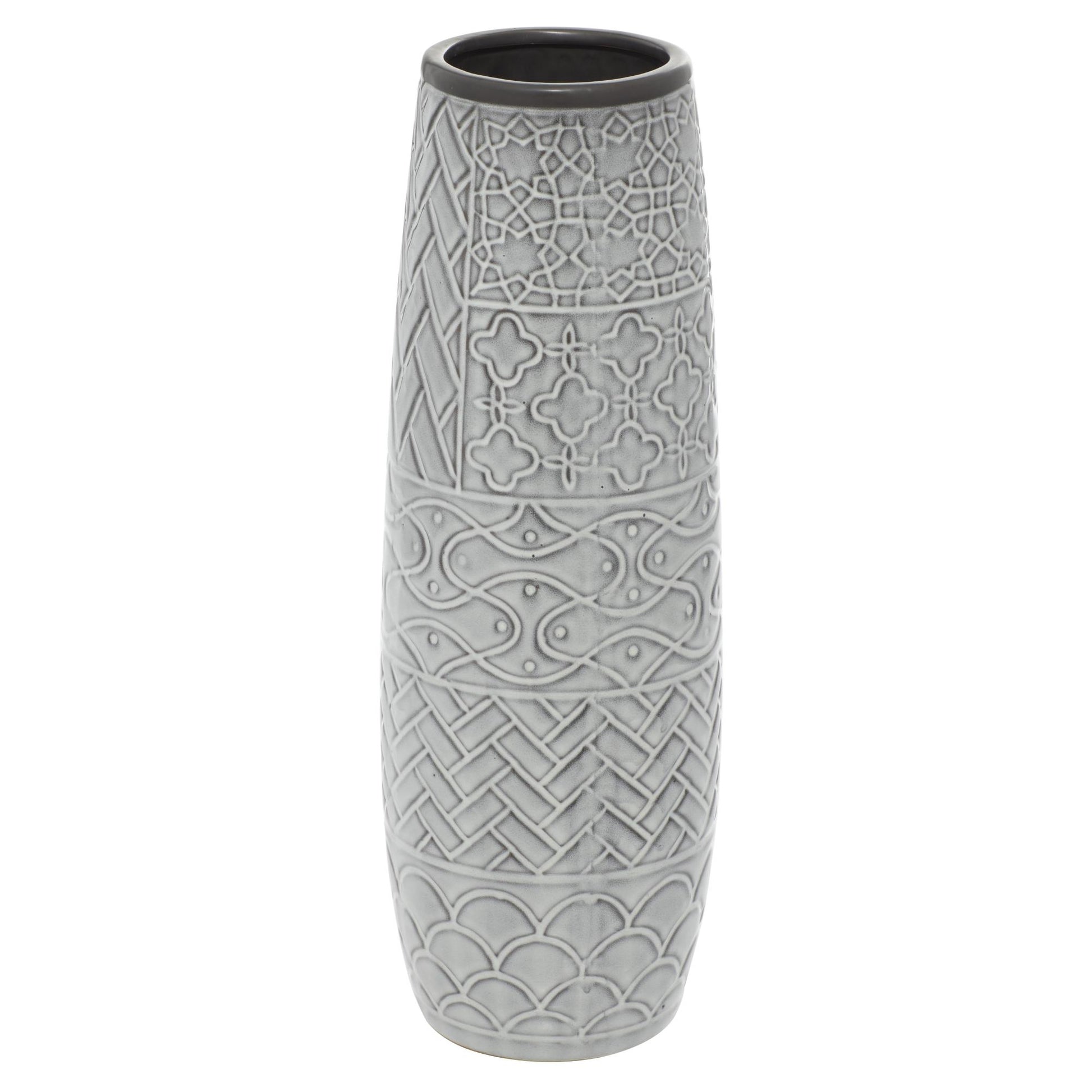 Gray Ceramic Slim Engraved Patterned Decorative Vase with Varying Patterns