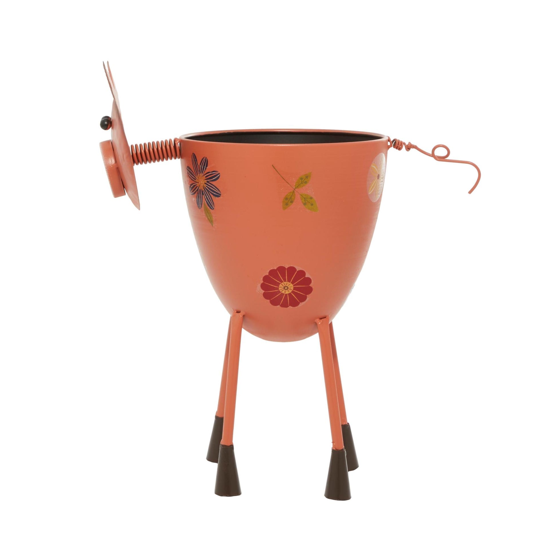 Pig Pink Metal Indoor Outdoor Planter with Floral Accents