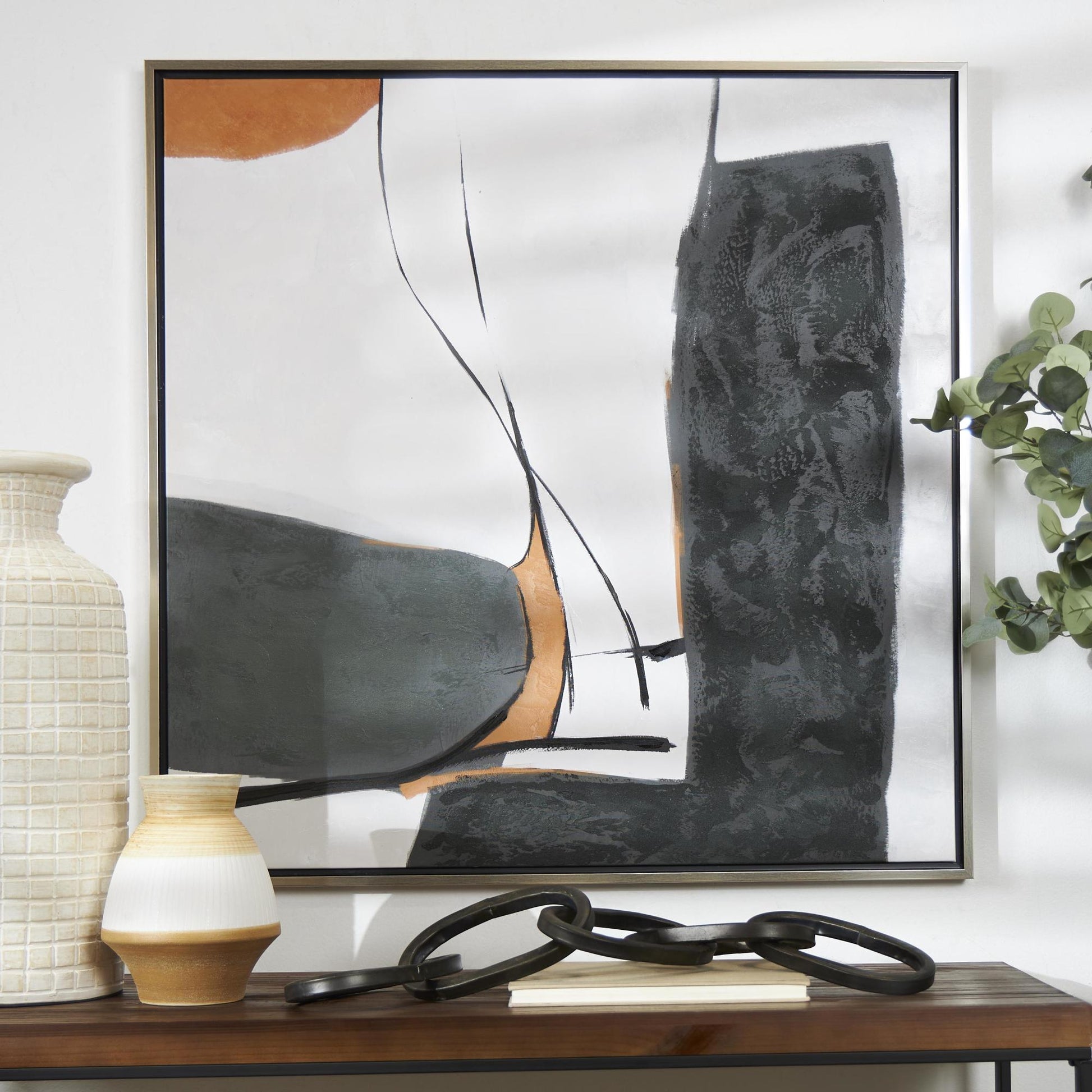 Abstract Green Canvas Line and Shape Living Room Framed Wall Art with Orange Accents