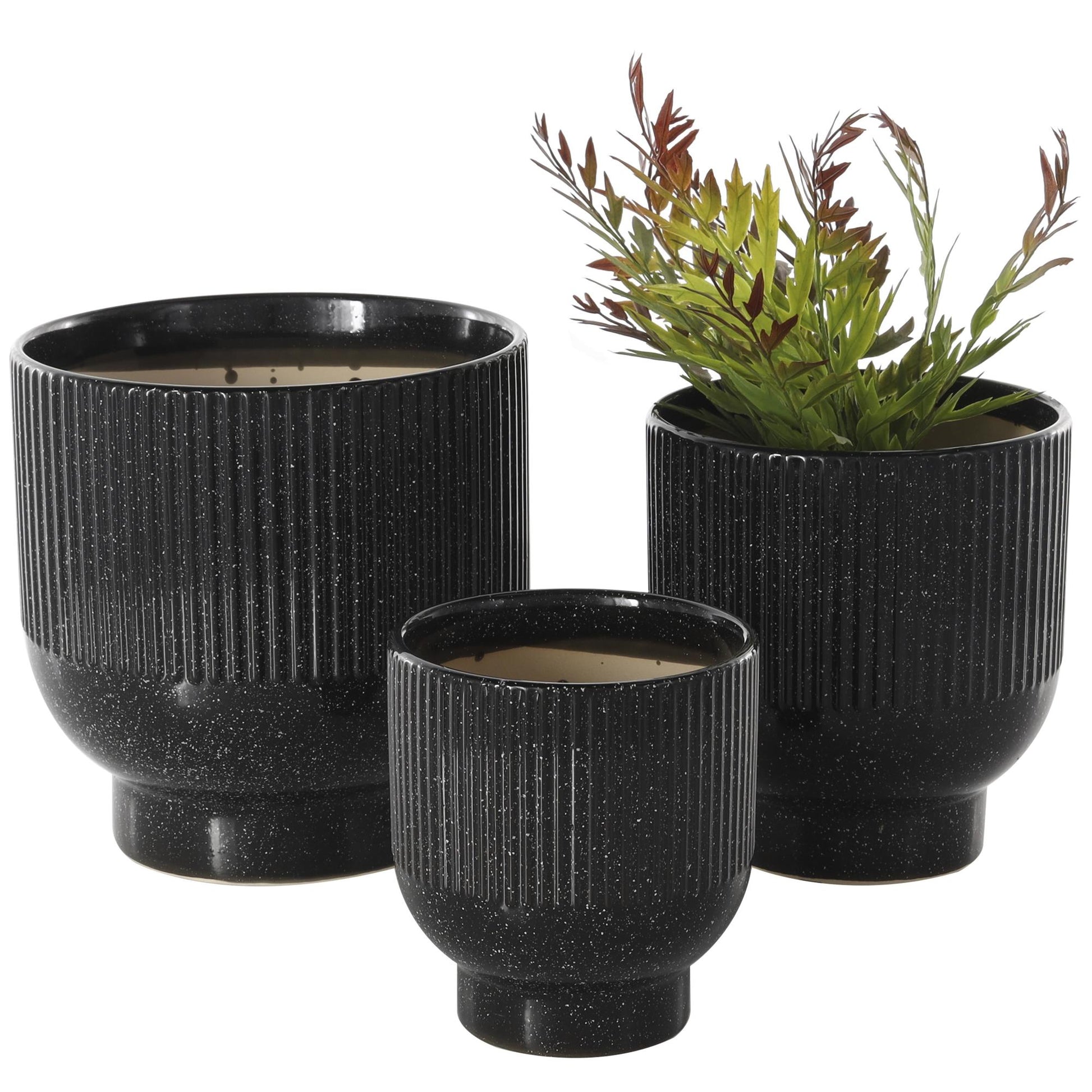 Set of 3 Ceramic Speckled Indoor Outdoor Planter with Linear Grooves and Tapered Bases Set of 3 9", 8", 6"H