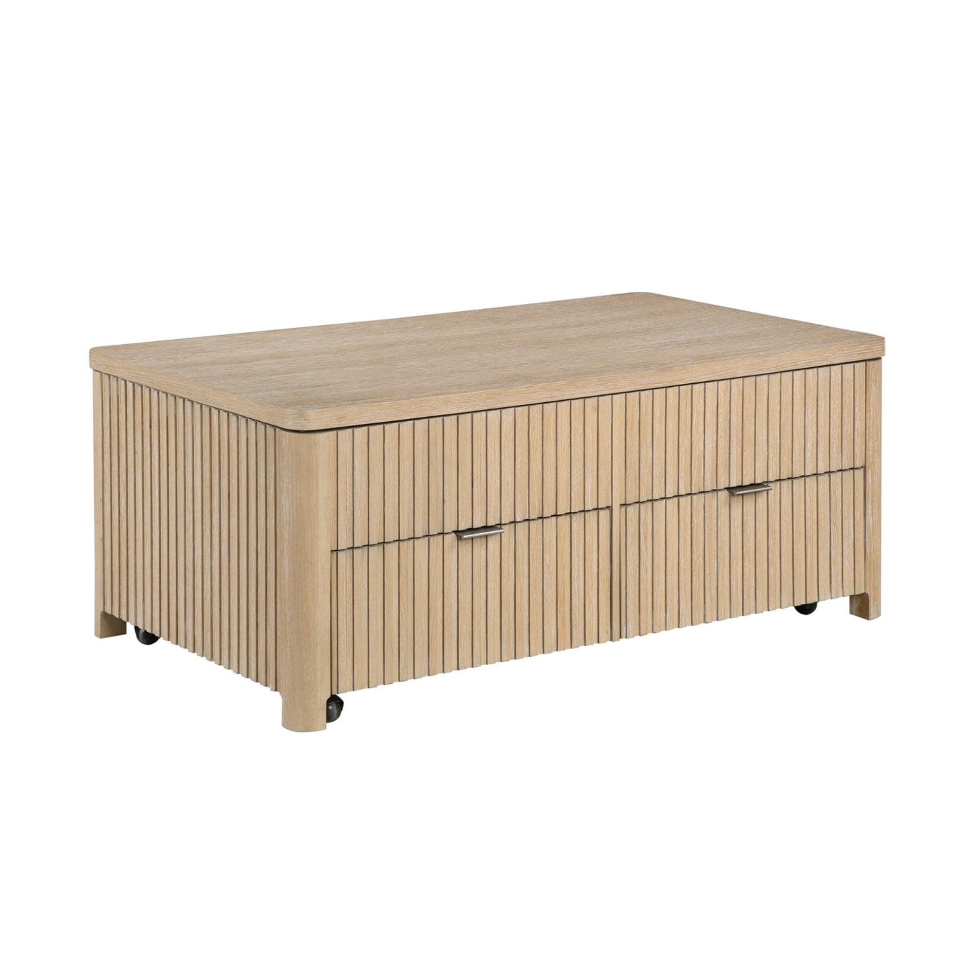 Light Brown Wooden Slatted 2 Drawer Living Room Coffee Table with Lift Top and Rolling Wheels