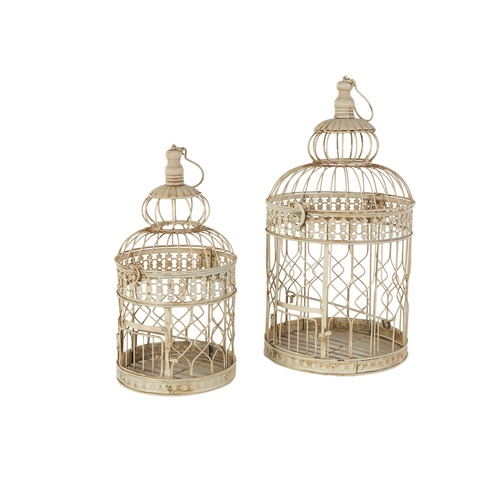Set of 2 Cream Metal Hinged Top Decorative Birdcage with Latch Lock Closure and Hanging Hook