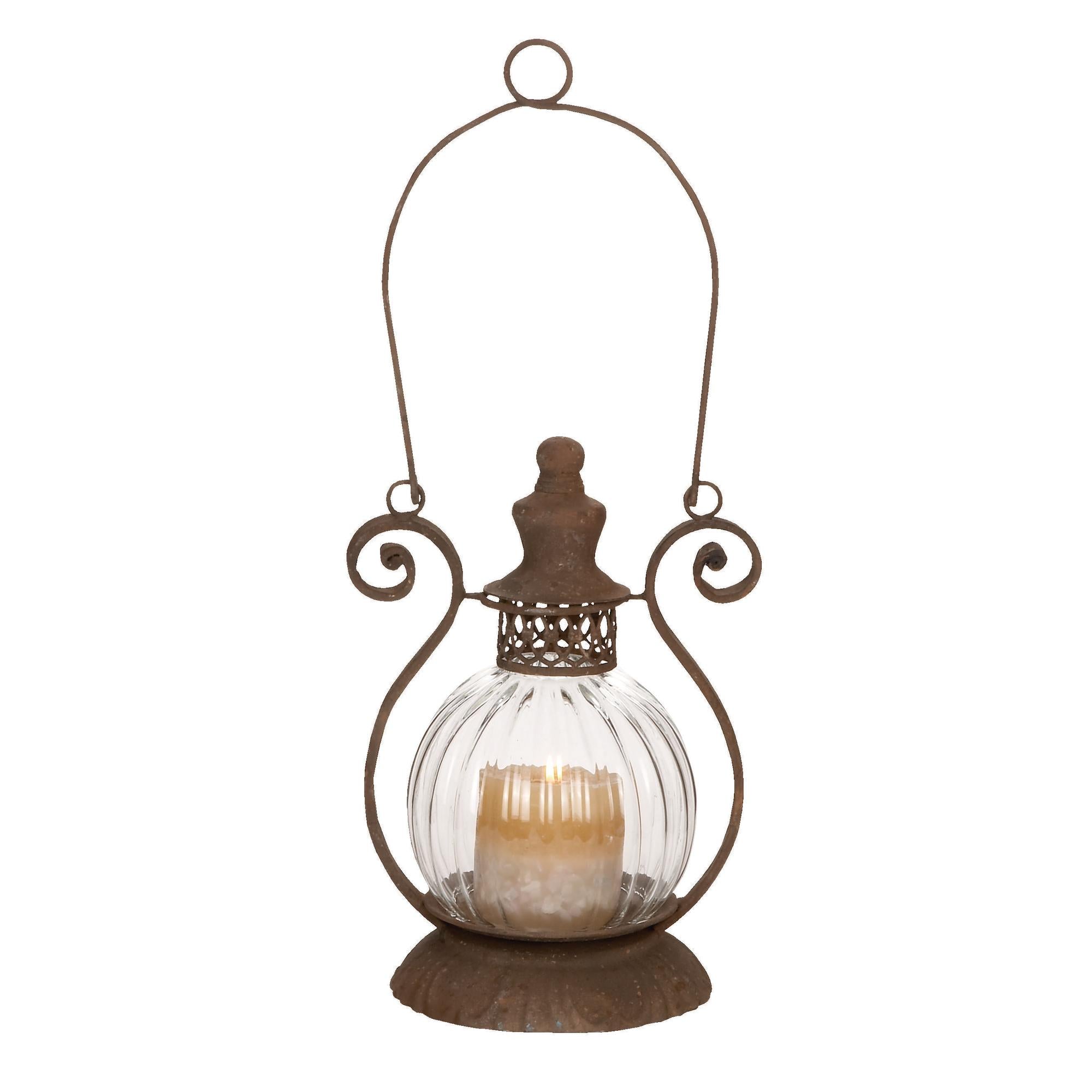 Scroll Brown Metal Decorative Indoor Outdoor Candle Lantern with Handle