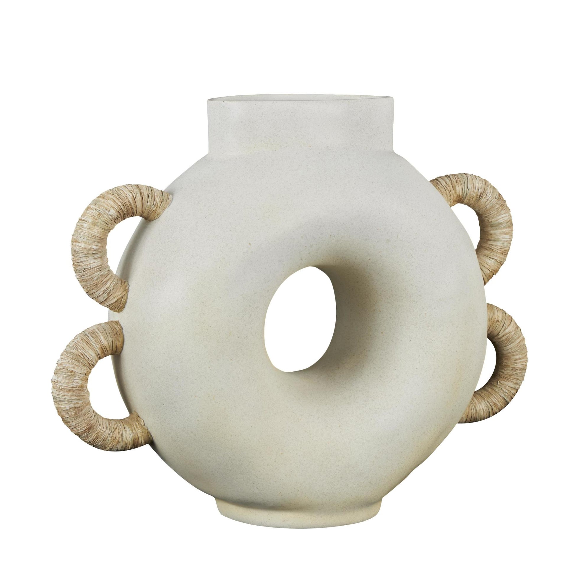 Geometric Cream Resin Round Speckled Decorative Vase with Woven Inspired Arched Handles and Cutout Opening