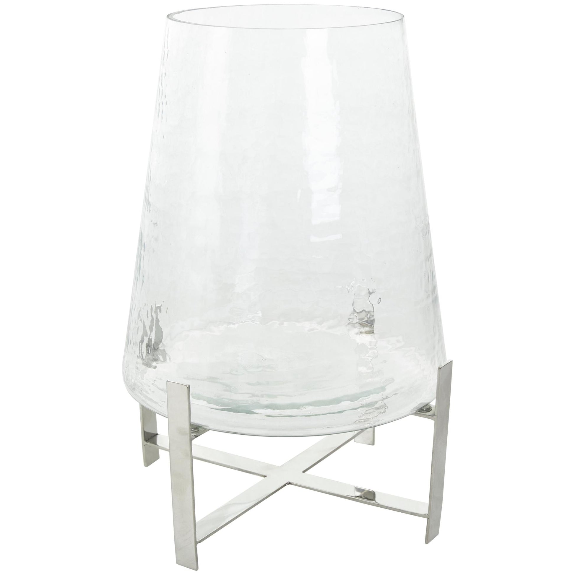 Clear Stainless Steel Metal Room Hurricane Lamp with Stainless Steel X Shaped Base