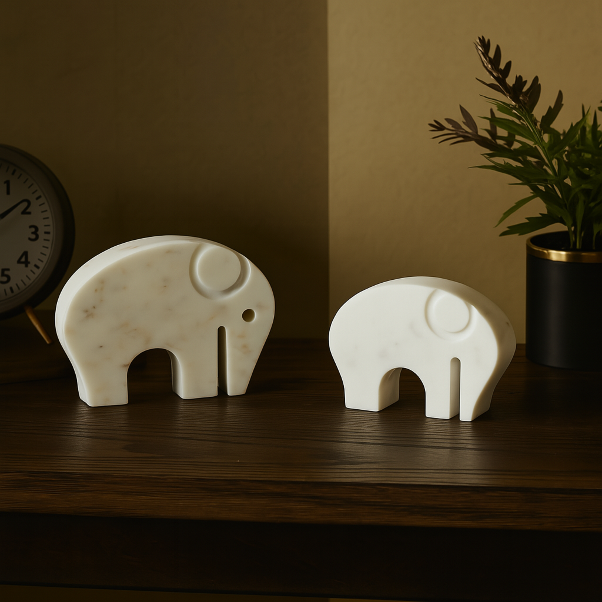 Set of 2 Elephant White Marble Rounded Abstract Decorative Sculpture with Gray Marble Veins and Cutouts