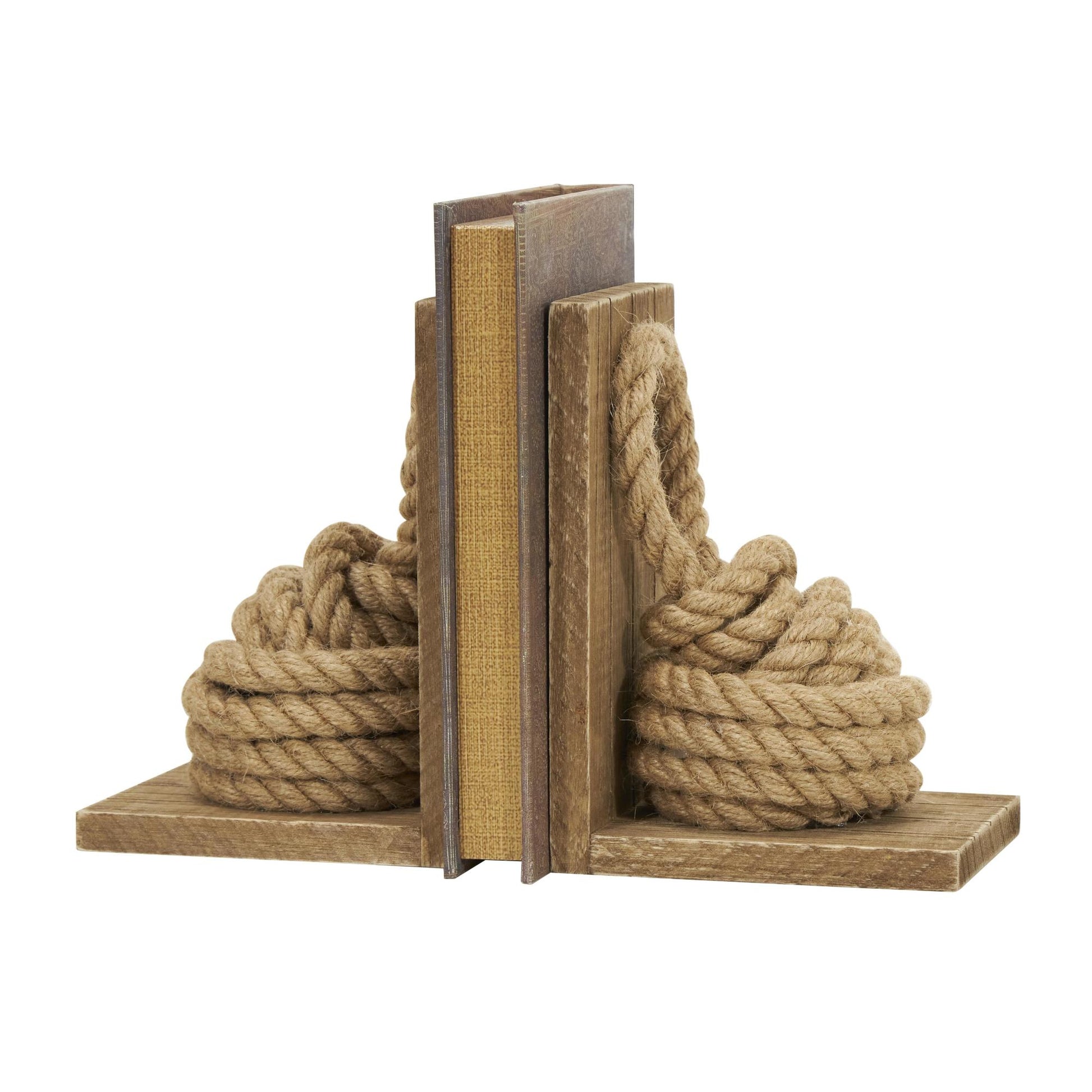 Set of 2 Knot Brown Wood Rope Decorative Bookends with Distressed L-Shaped Stands
