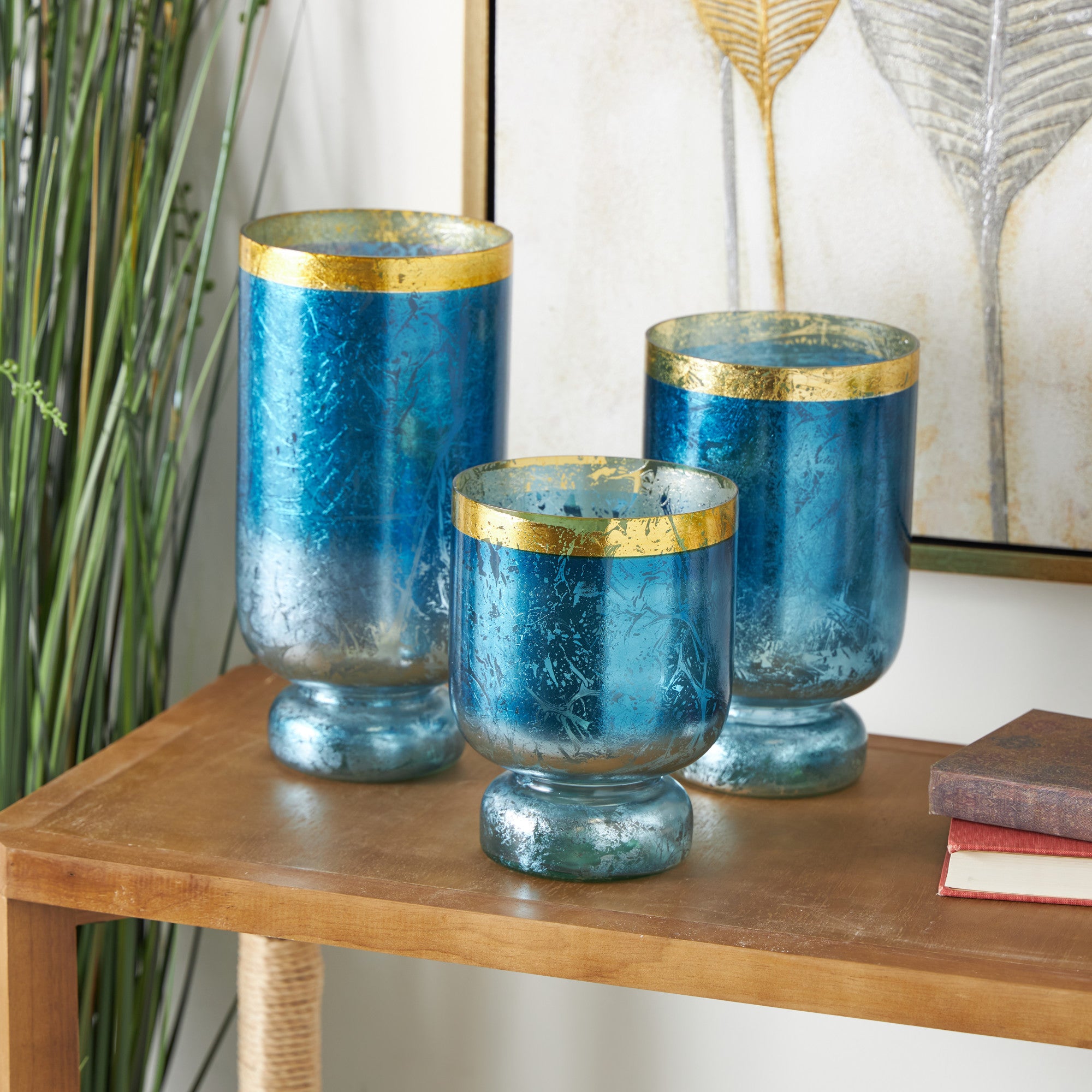 Set of 3 Glass Pillar Room Hurricane Lamp with Gold Interior