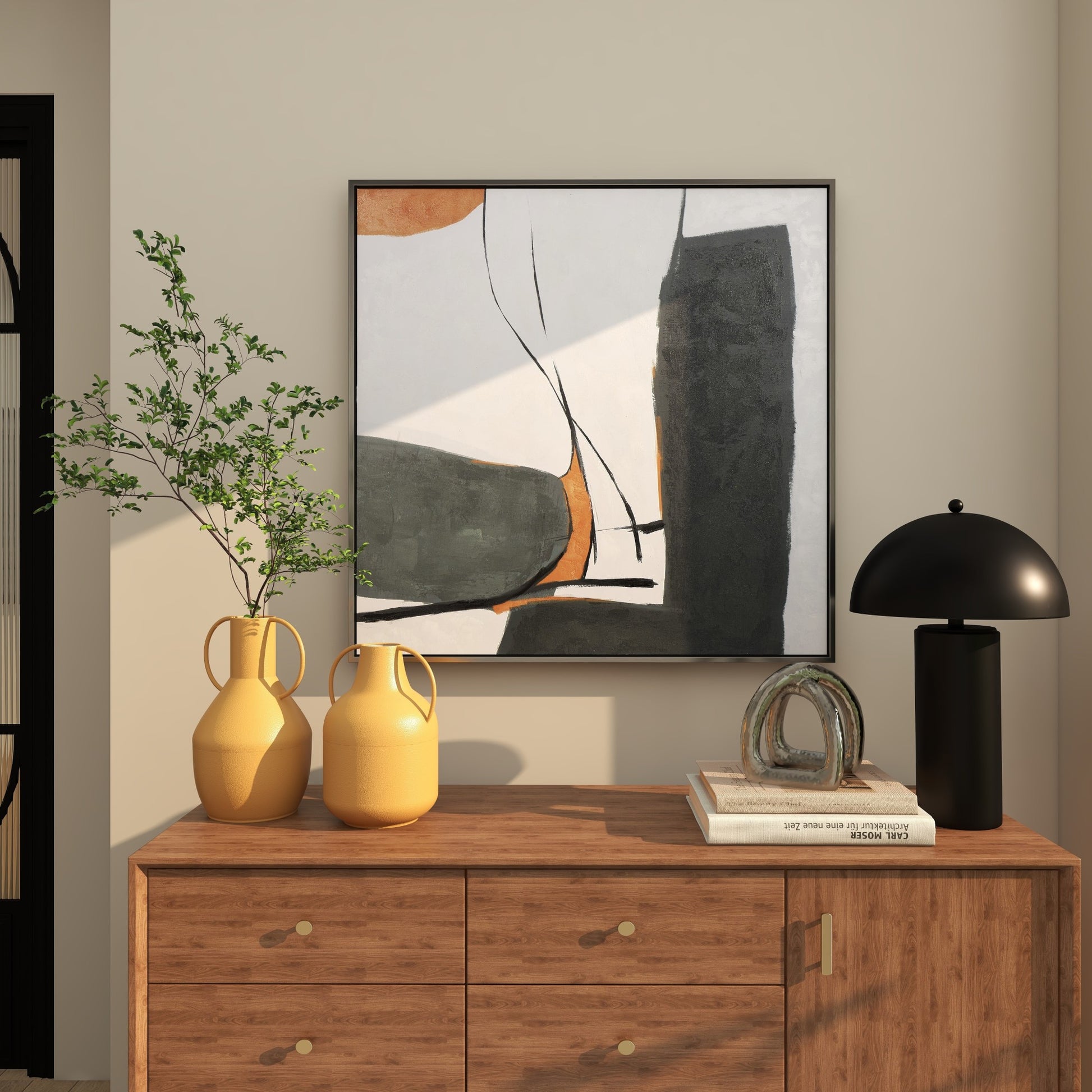 Abstract Green Canvas Line and Shape Living Room Framed Wall Art with Orange Accents