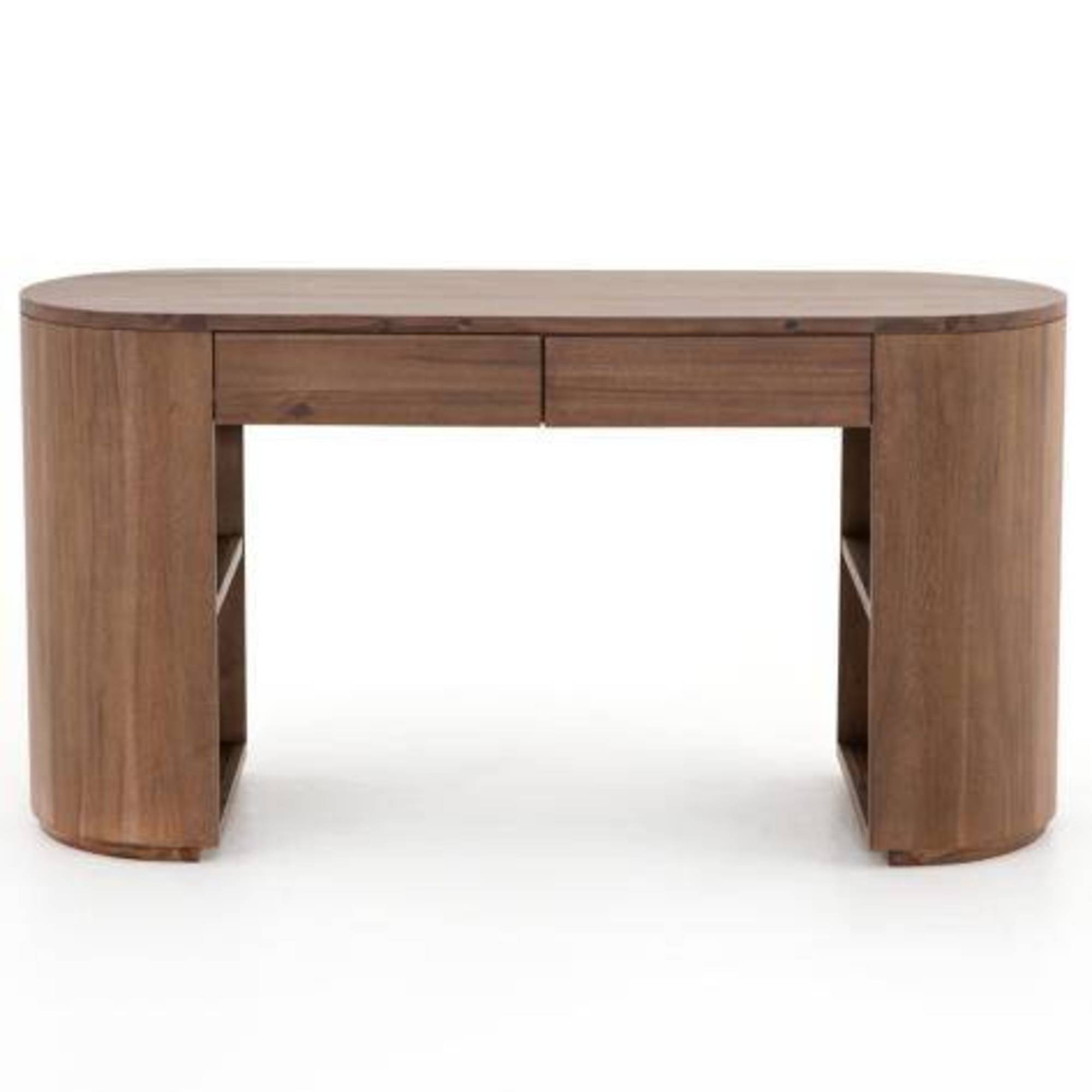 Brown Wood Oval 1 Drawer Living Room Desk with Hollow Curved Legs and Hidden Shelves