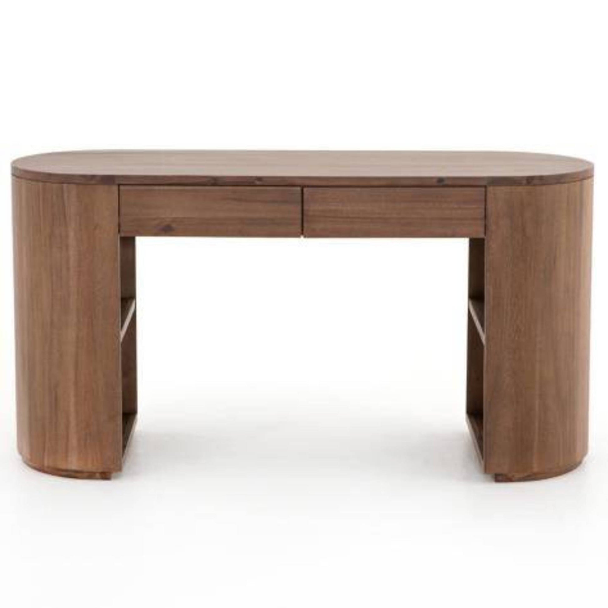 Brown Wood Oval 1 Drawer Living Room Desk with Hollow Curved Legs and Hidden Shelves