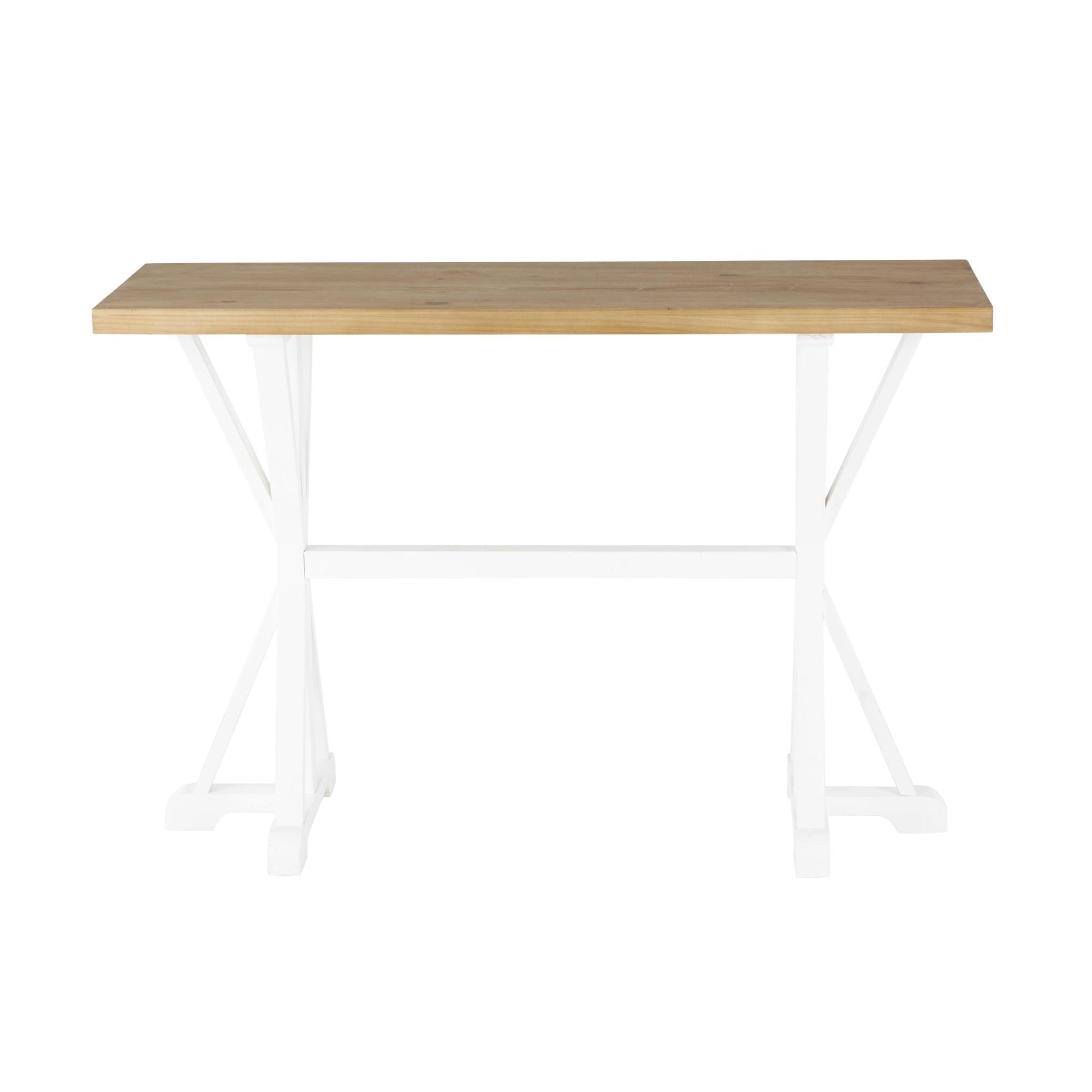 White Wood Rectangular Living Room Console Table with Angled Legs and Brown Tabletop
