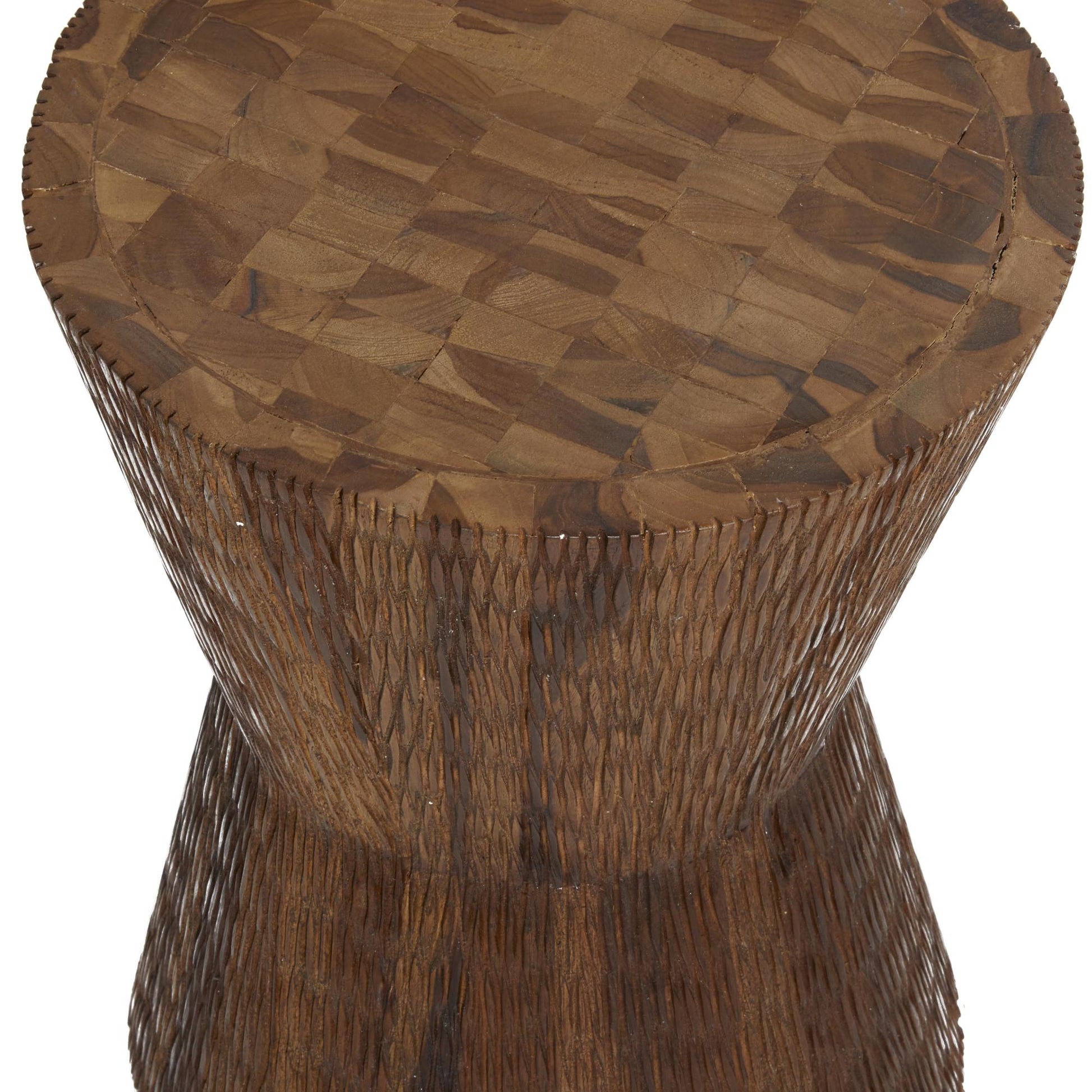 Geometric Teak Wood Handmade Hourglass Side End Accent Table with Stacked Wood Pieces