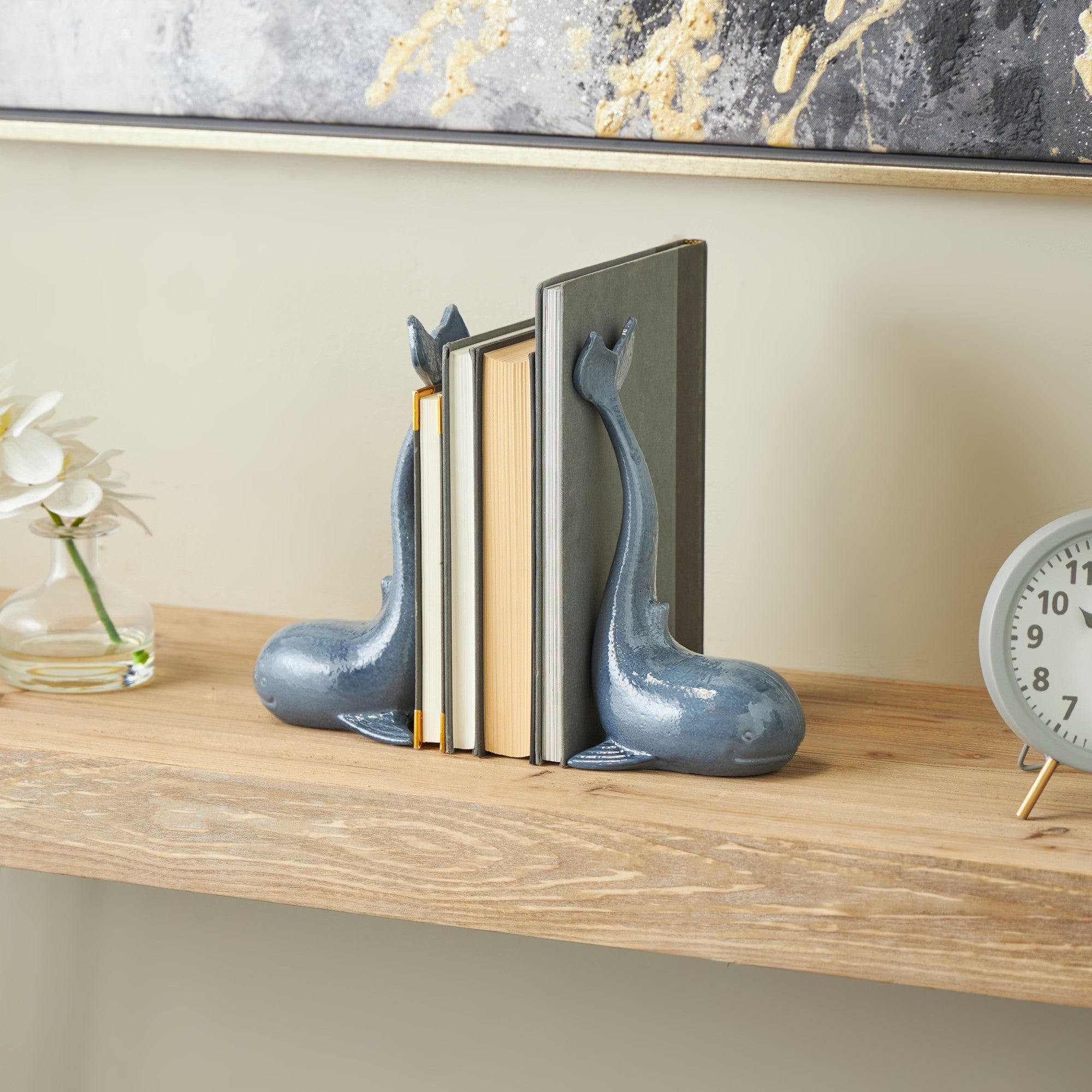 Set of 2 Dolphin Blue Metal Decorative Bookends with Raised Tails