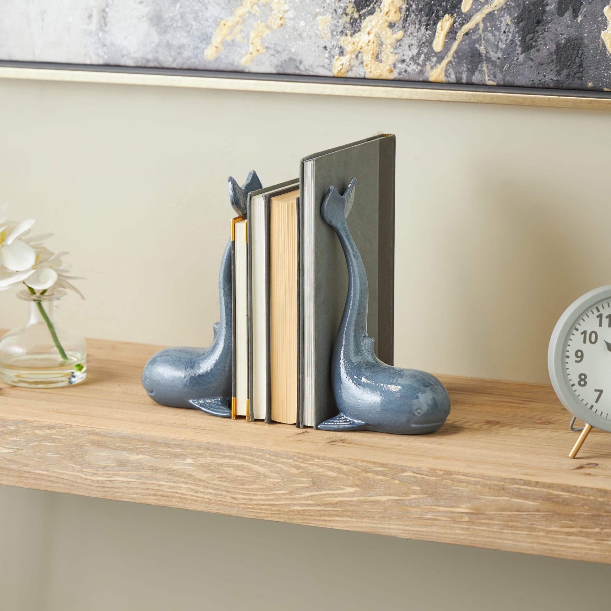 Set of 2 Dolphin Blue Metal Decorative Bookends with Raised Tails