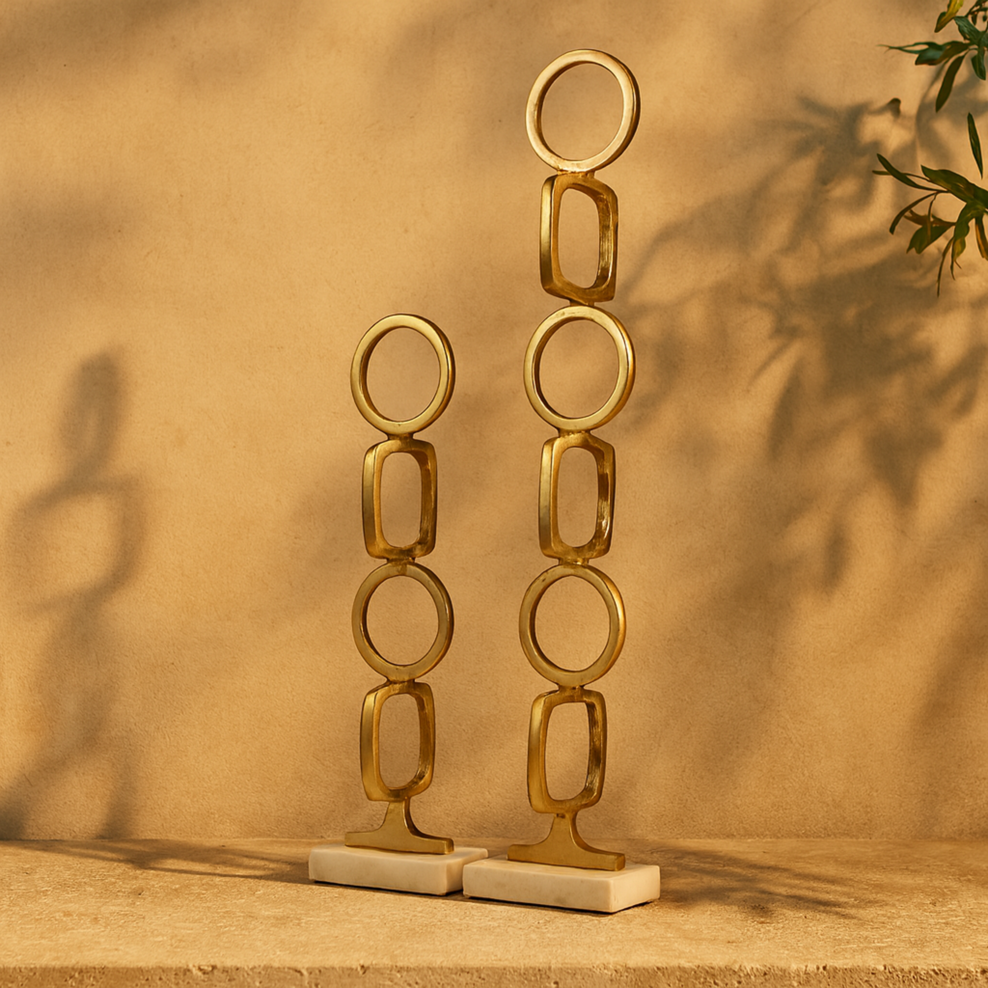 Set of 2 Abstract Aluminum Metal Stacked Geometric Rings Decorative Sculpture with Marble Bases