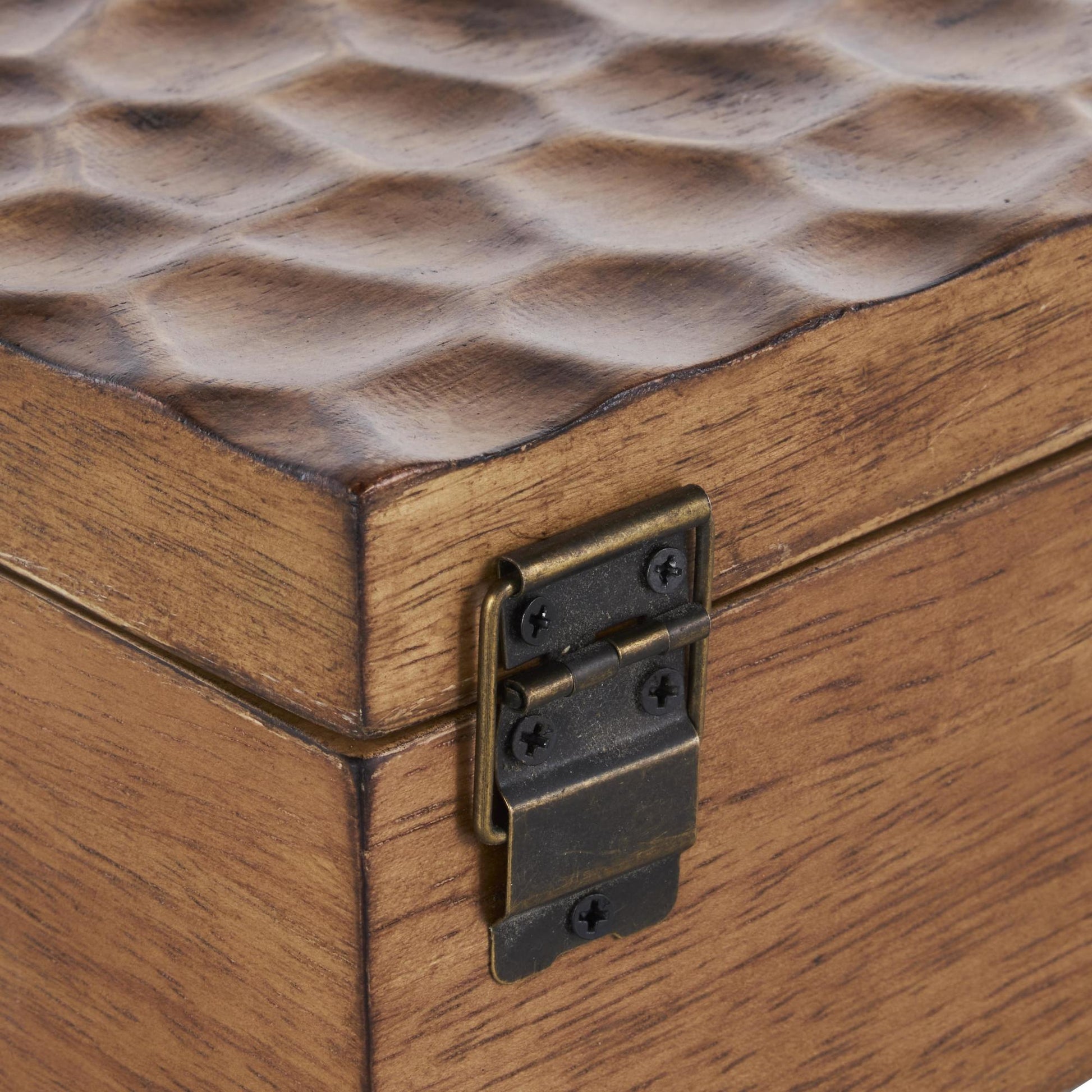 Set of 2 Geometric Brown Wood Textured Concave Honeycomb Storage Decorative Box with Black Knobs