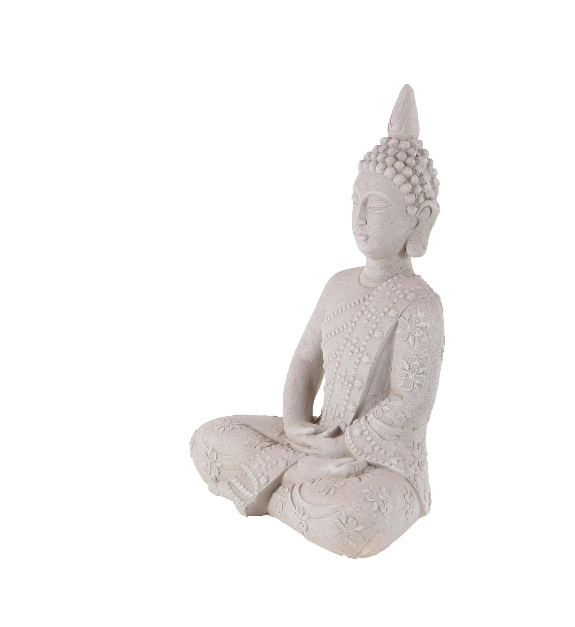 Buddha Gray Magnesium Oxide Indoor Outdoor Meditating Decorative Garden Sculpture with Floral Carvings