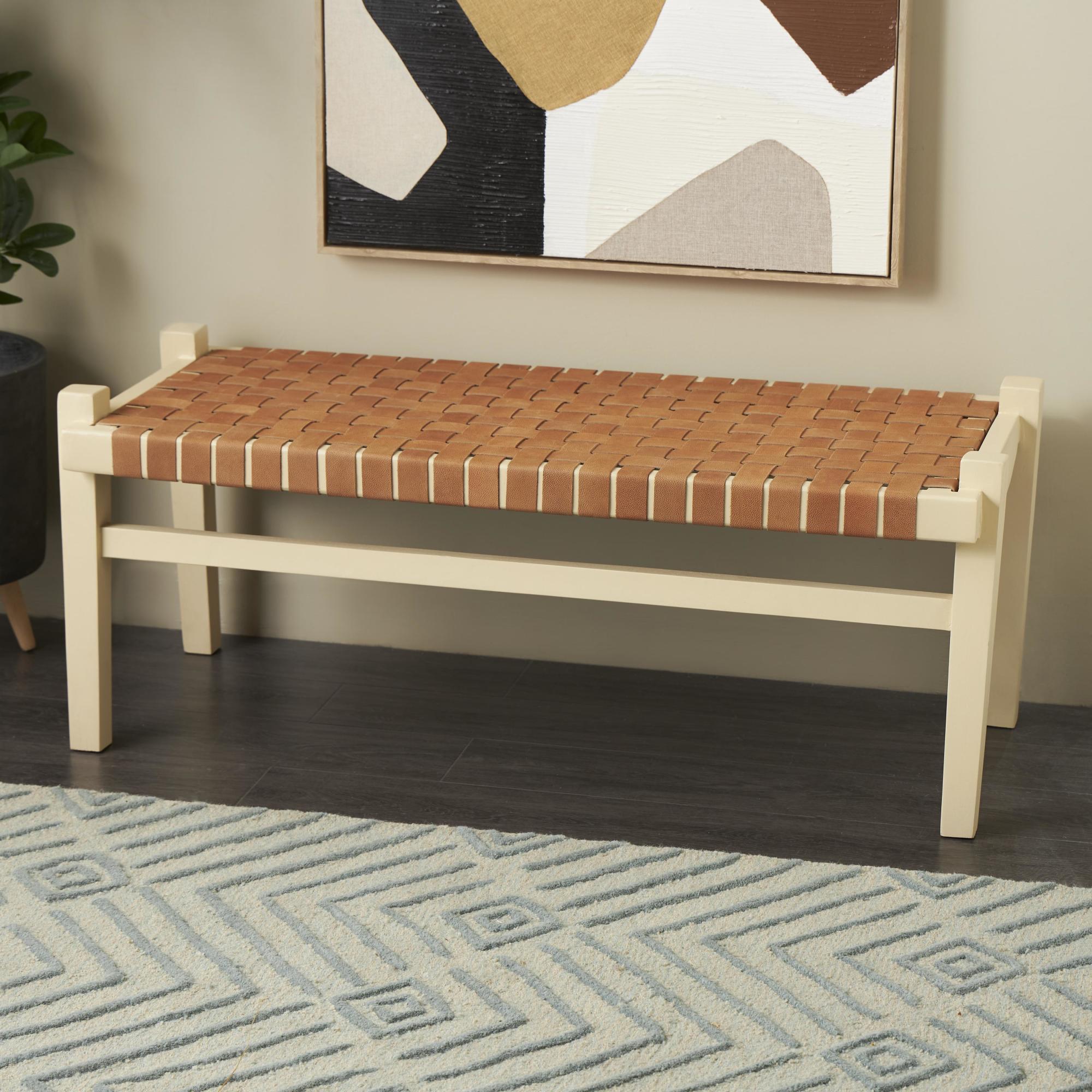 Leather Handmade Woven Seat Home Bench with Beige Wood Base