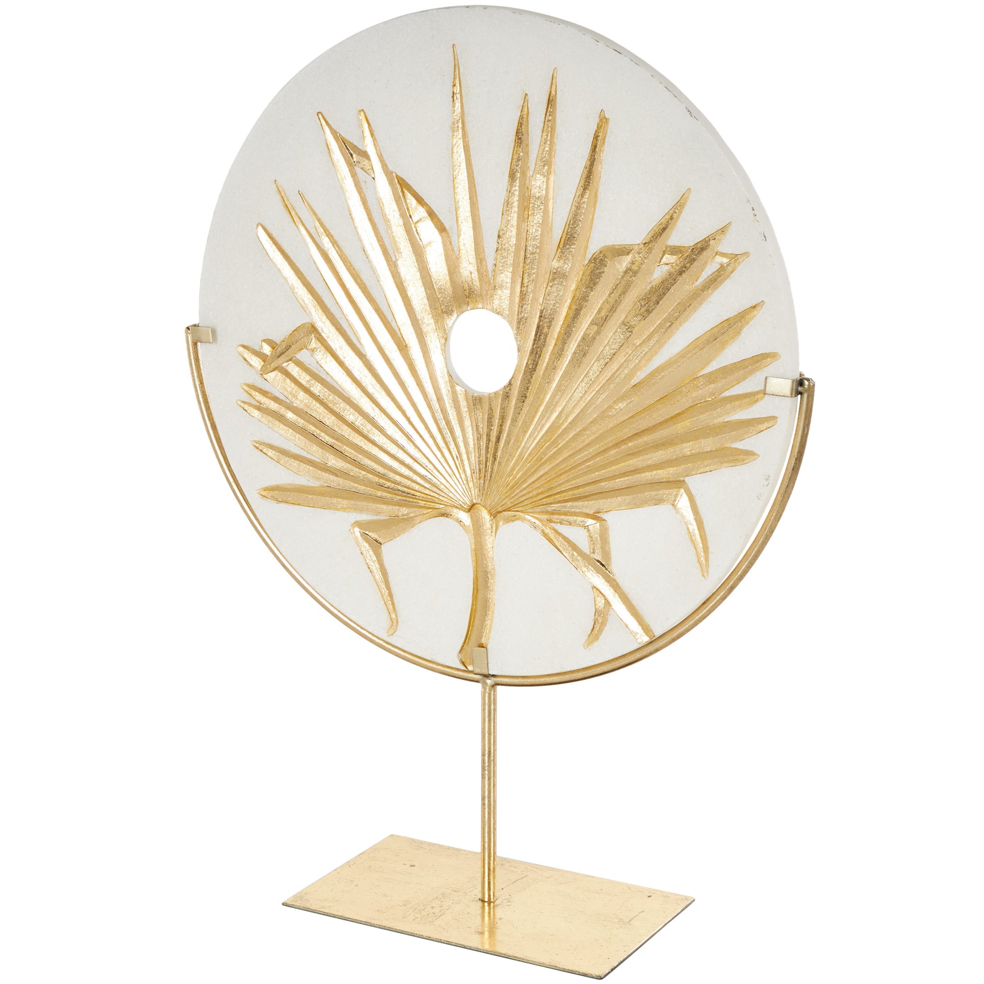 Leaf White Polystone Cutout Round Disk Decorative Sculpture with Gold Stand
