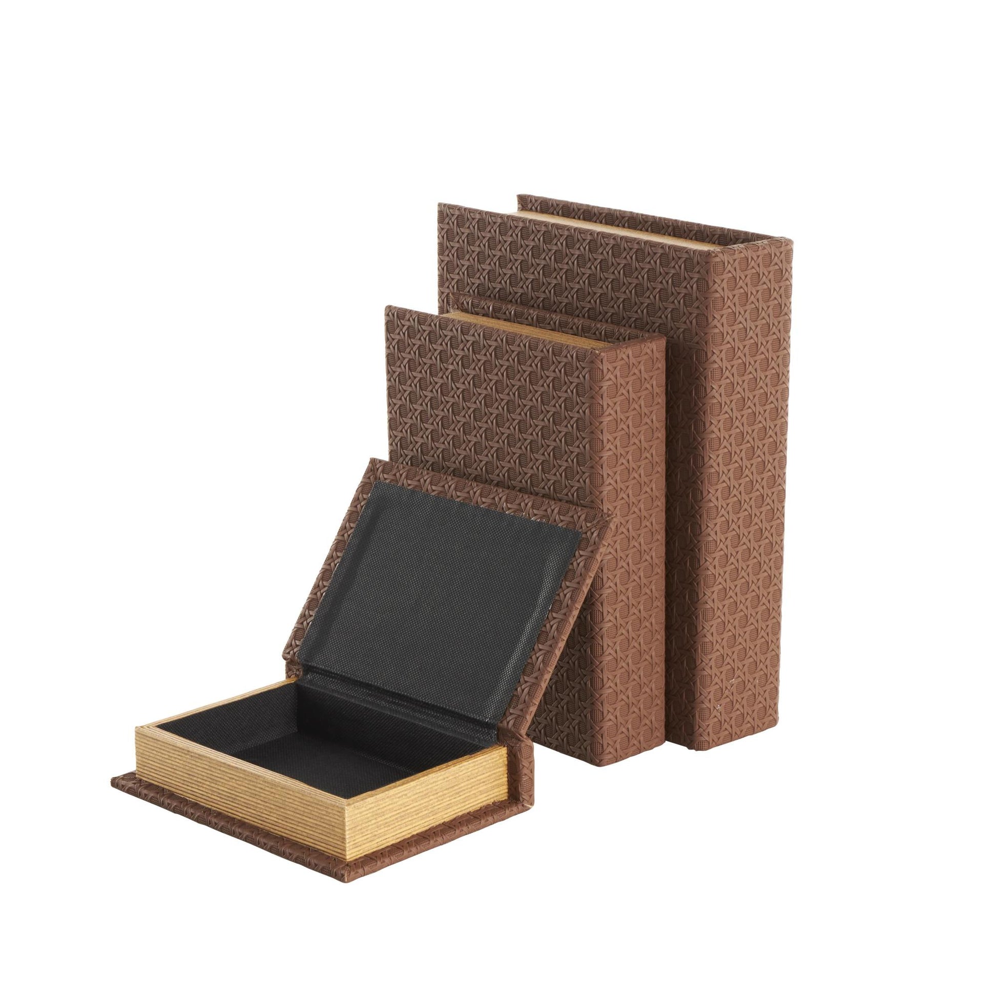 Set of 3 Faux Leather Woven Grid Faux Book Storage Decorative Box