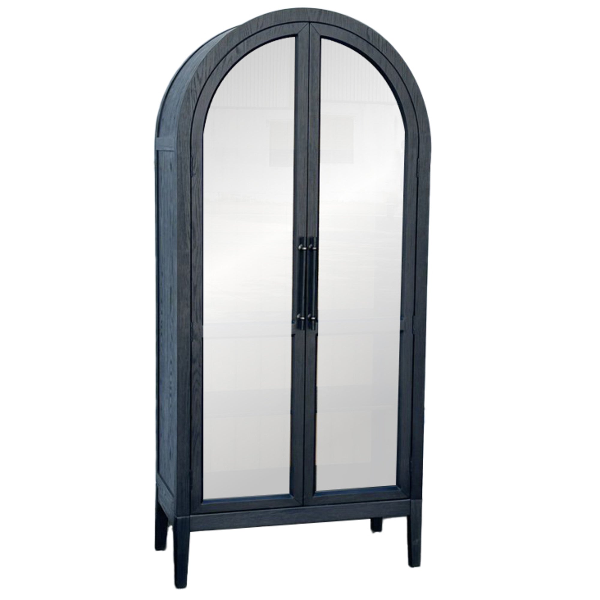 Black Wooden Arched Glass Front 2 Door and 4 Shelf Room Cabinet with Slatted Brown Interior and Extended Bar Handles