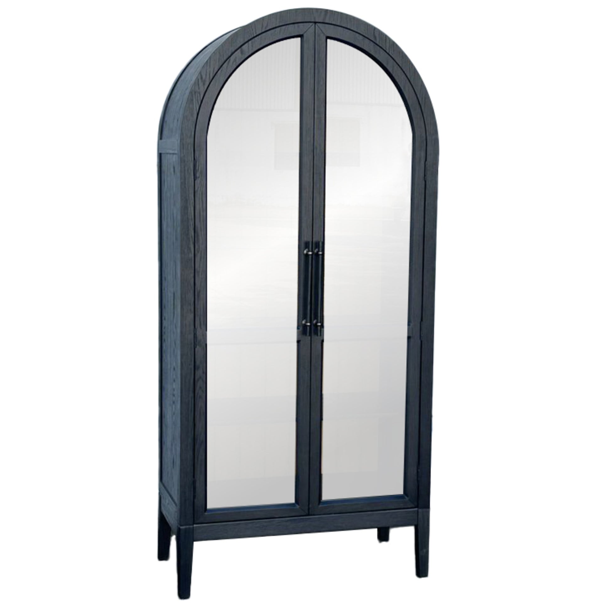 Black Wooden Arched Glass Front 2 Door and 4 Shelf Room Cabinet with Slatted Brown Interior and Extended Bar Handles