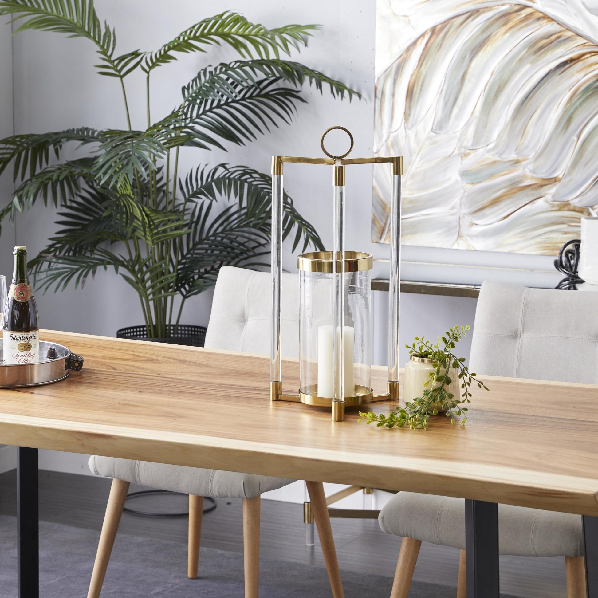 Gold Stainless Steel Metal Decorative Indoor Outdoor Candle Lantern with Acrylic Accents