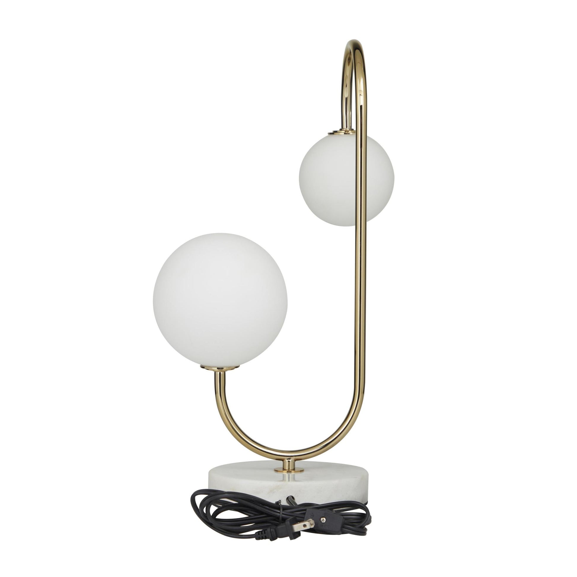 Gold Metal Curved Orb 2 Light Room Table Lamp with White Glass Shades and Marble Base