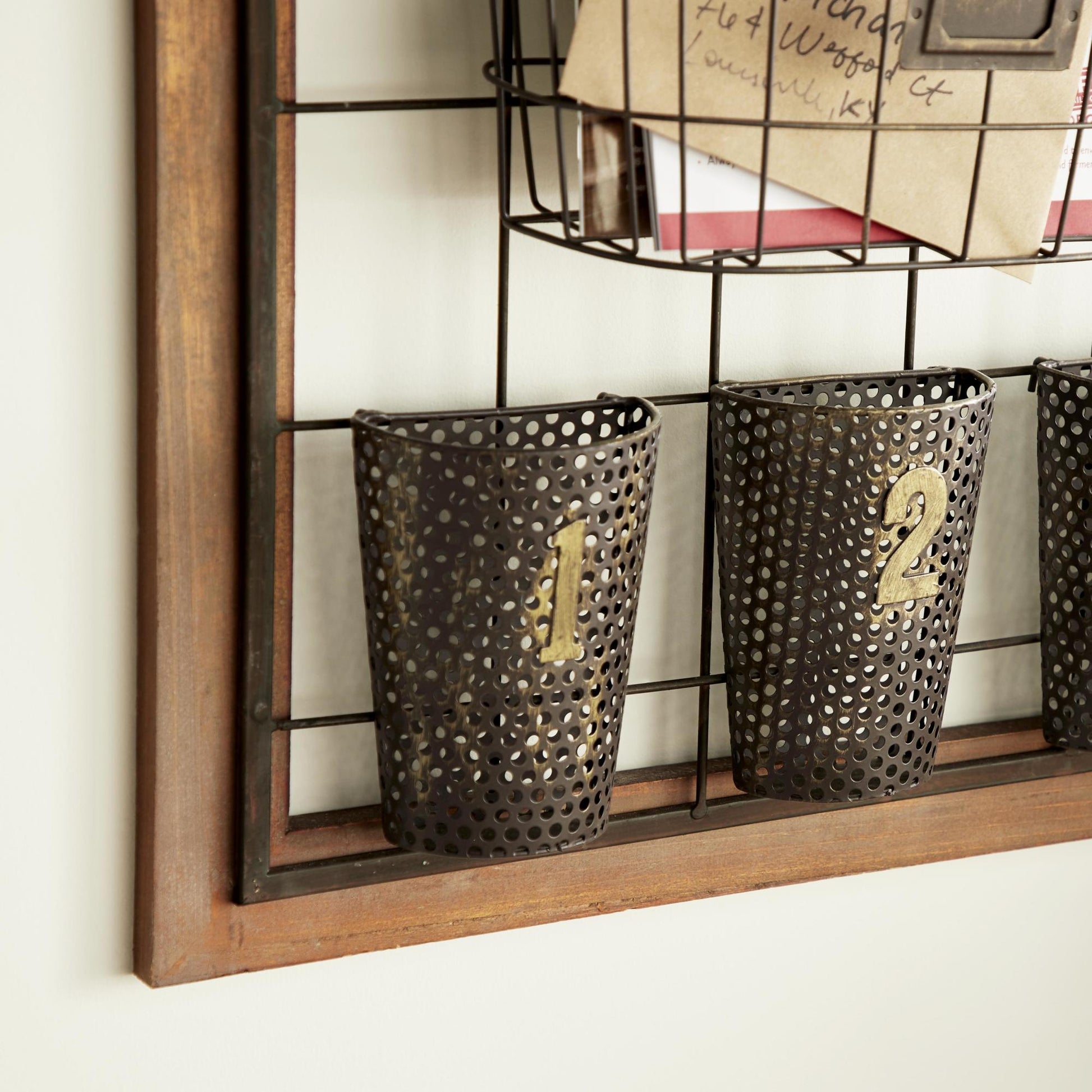 Brown Metal 1 Slot and 5 Baskets Decorative Magazine Rack Holder with Suspended Baskets and Label Slot