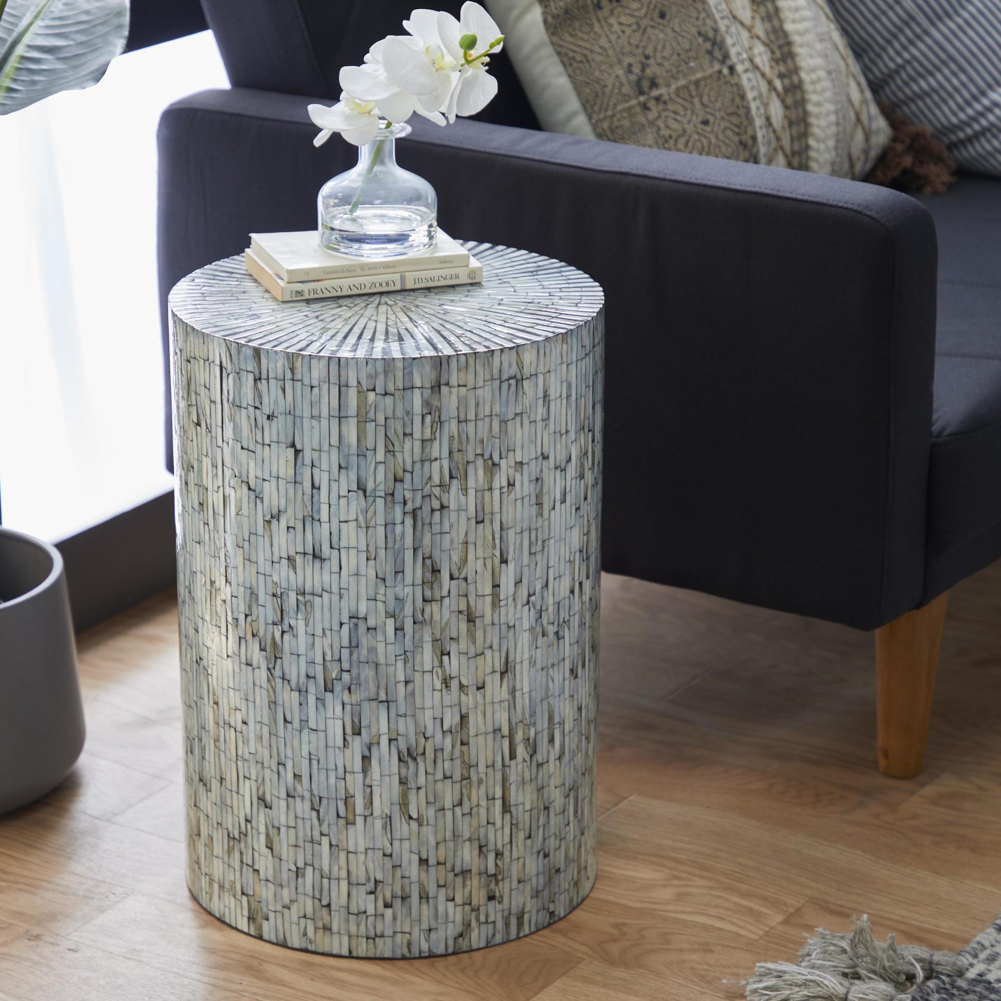 Geometric Mother of Pearl Shell Handmade Mosaic Drum Side End Accent Table