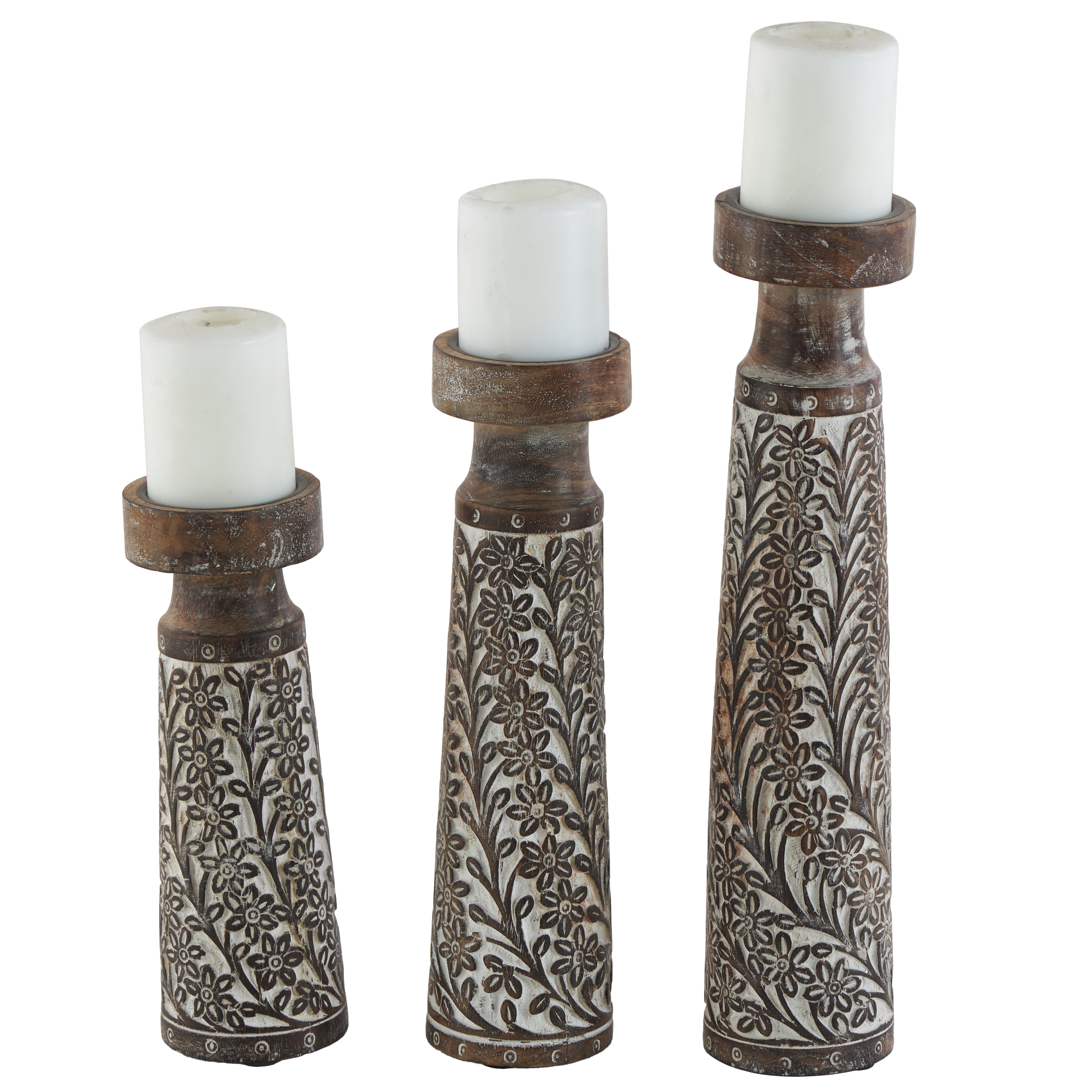 Set of 3 Floral Mango Wood Handmade Vine Decorative Candle Holder with Whitewashed Cream Backing