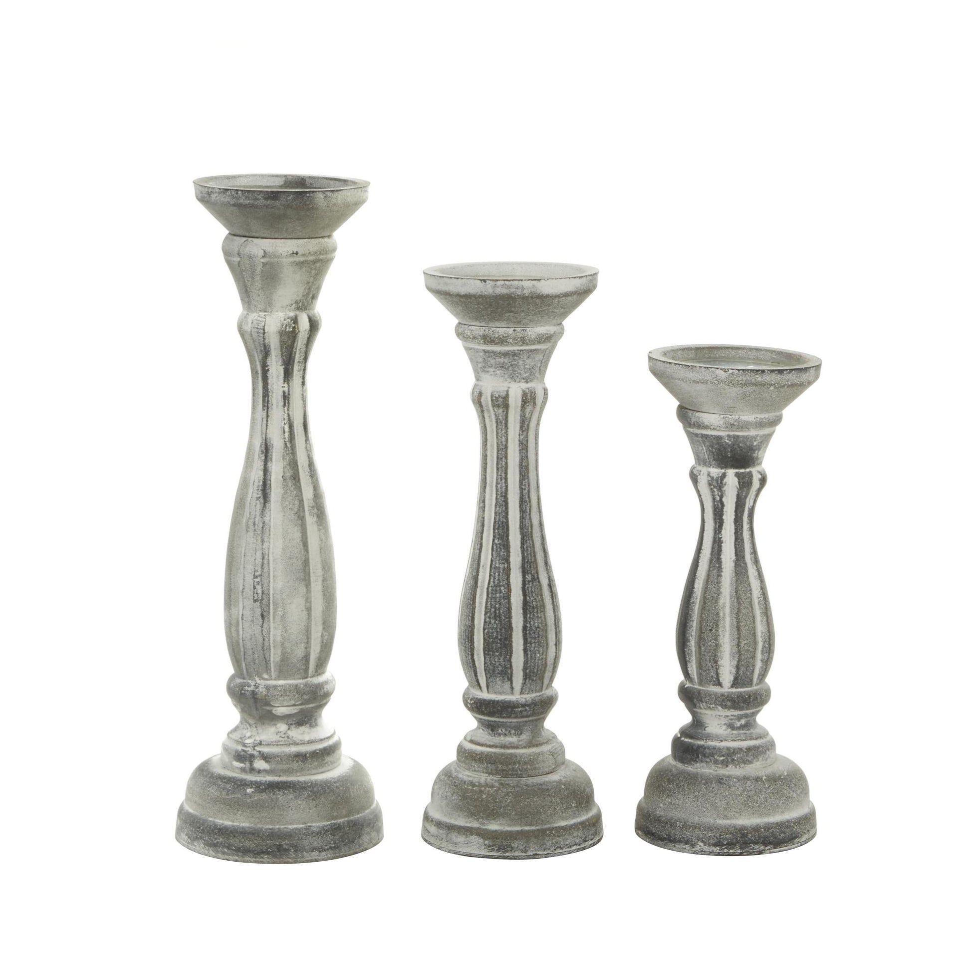 Set of 3 Wooden Distressed Turned Pillar Decorative Candle Holder
