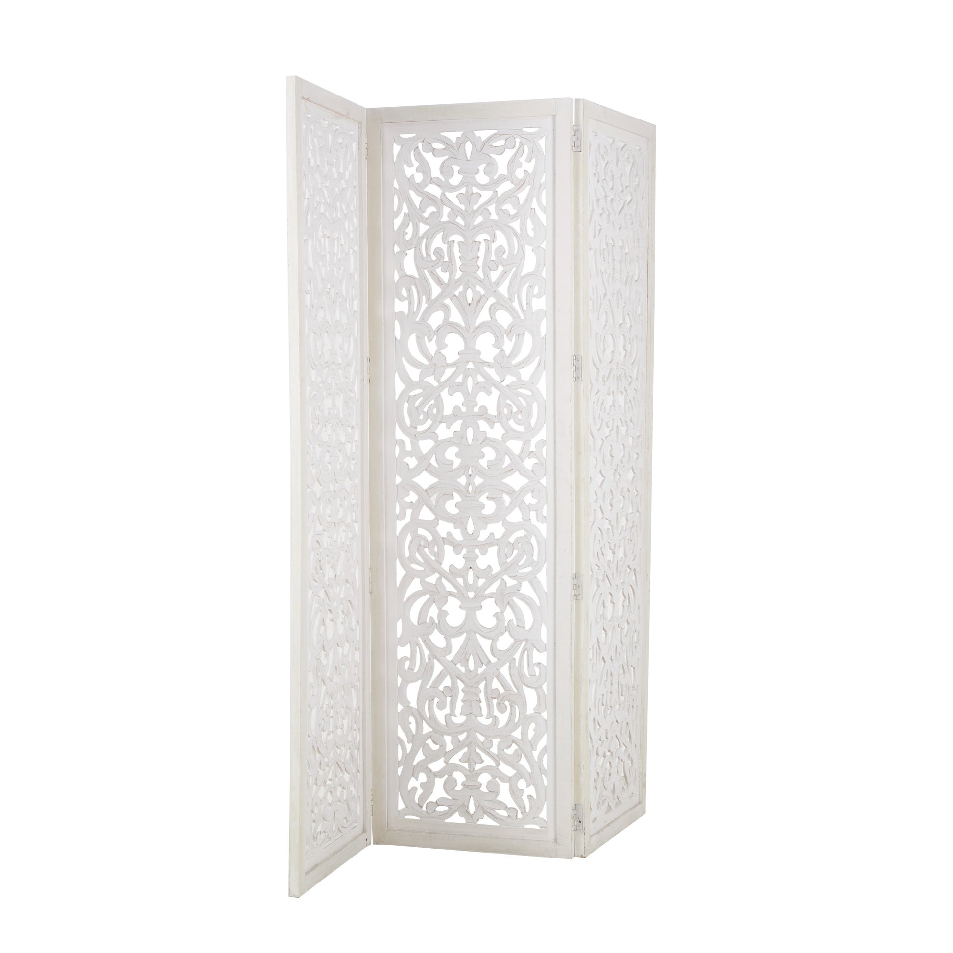 Floral White Wooden Handmade Foldable Partition 3 Panel Partition Room Divider Screen with Carved Design