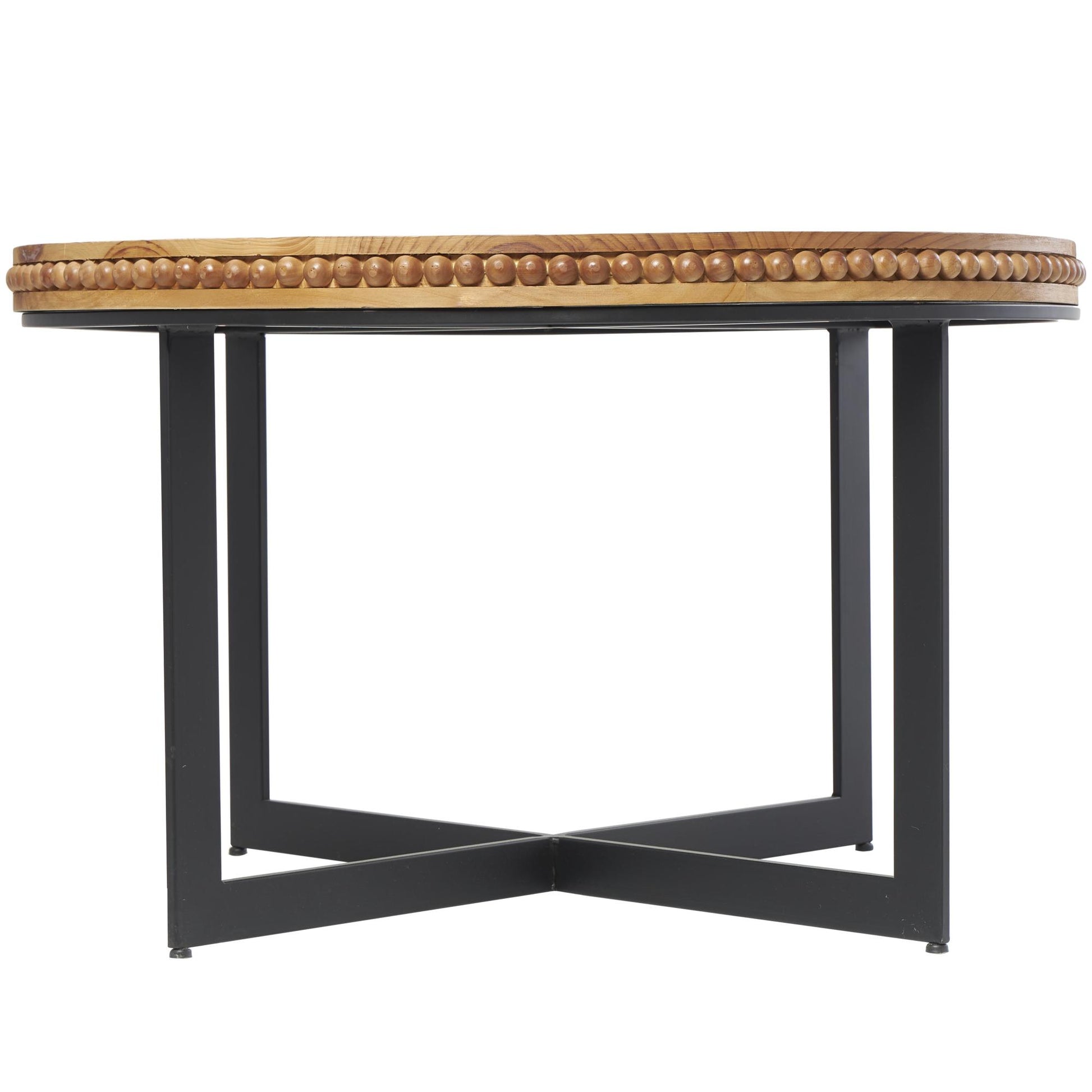 Brown Wood Beaded Living Room Coffee Table with Metal X-Shaped Base