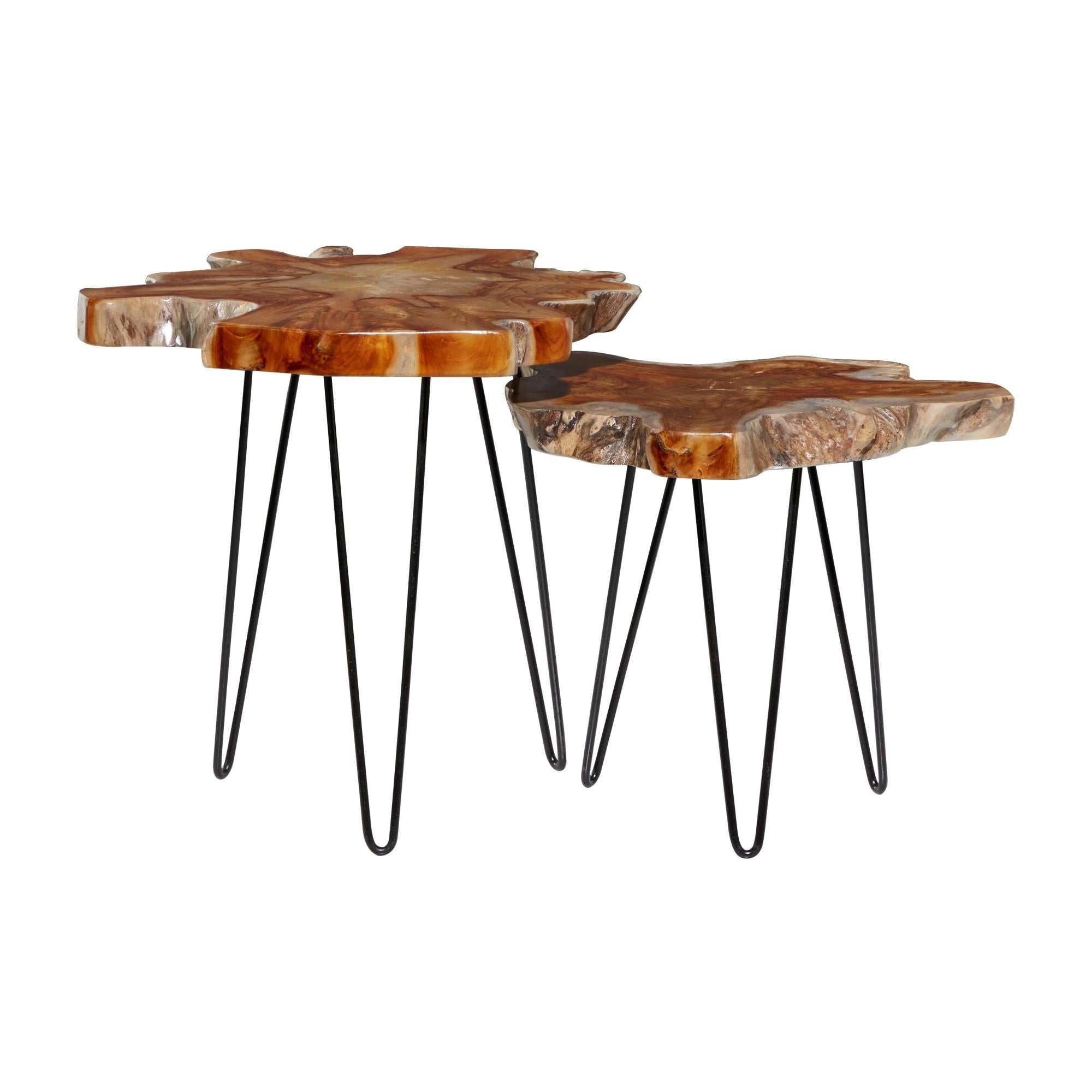 Set of 2 Brown Teak Wood Live Edge Top Side End Accent Table with Black Metal Hairpin Legs