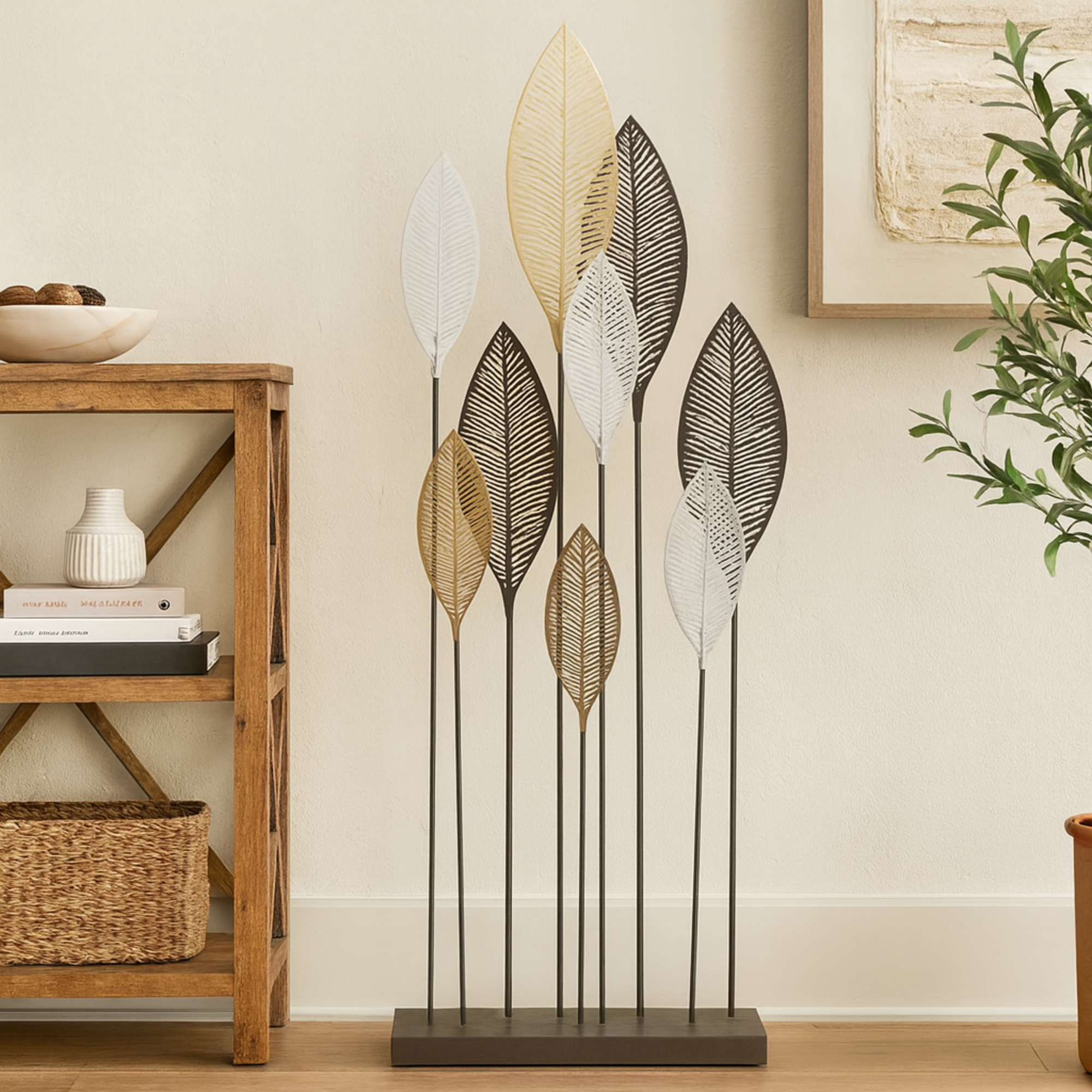 Leaf Bronze Metal Decorative Sculpture with Black Base