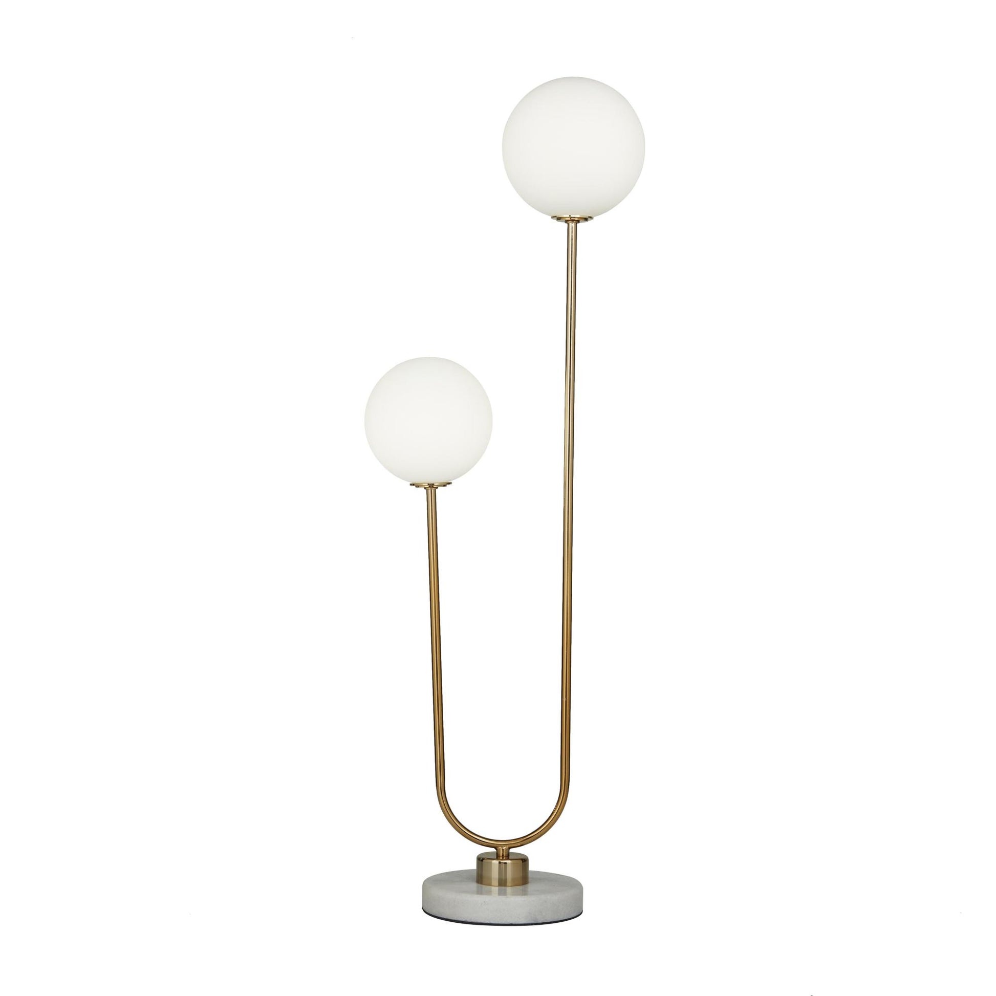 Gold Metal Curved Orb 2 Light Room Table Lamp with White Glass Shades and Marble Base