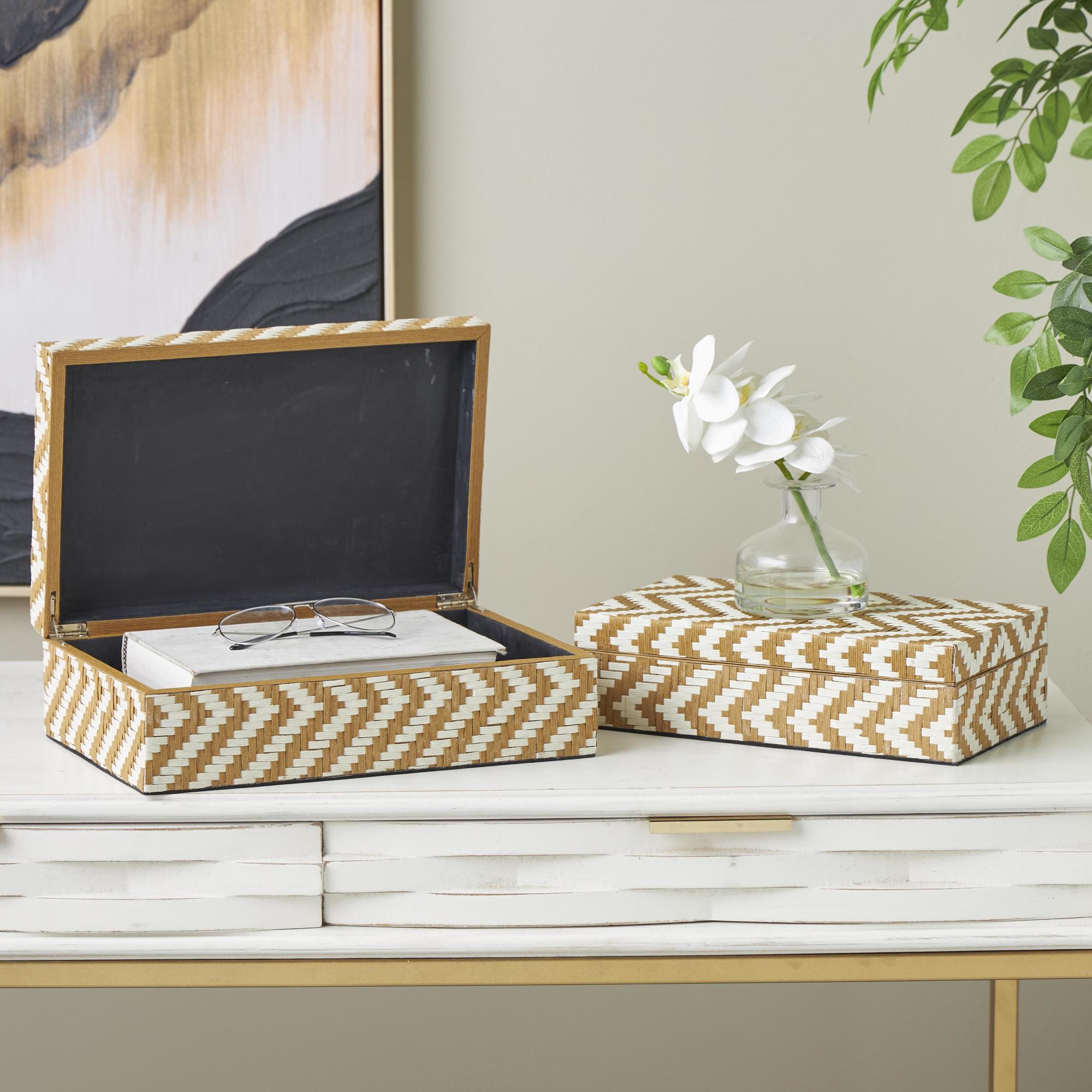 Set of 2 Geometric Brown Paper Handmade Woven Zig Zag Storage Decorative Box with Cream Accents