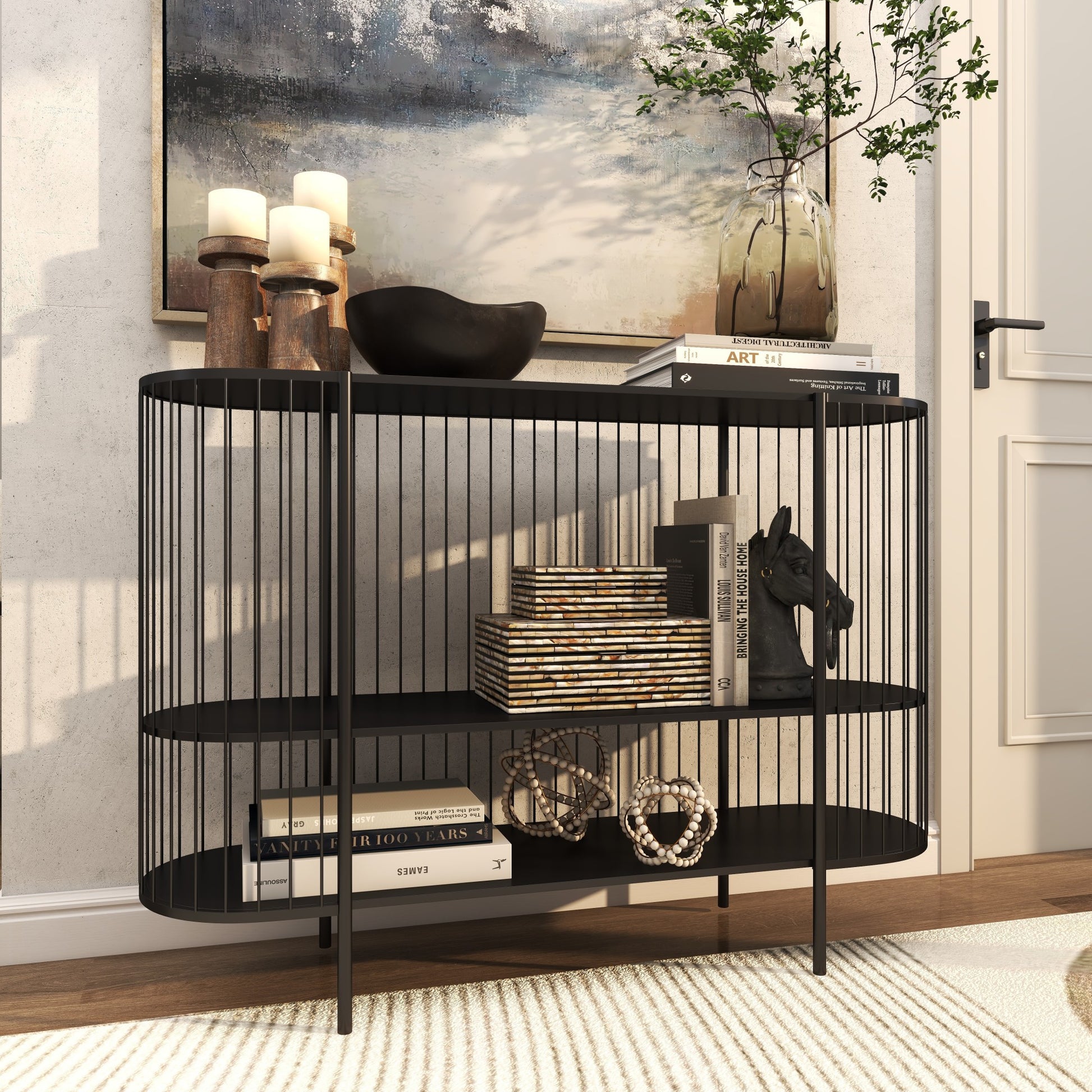 Black Metal Narrow Oval 2 Shelf Living Room Console Table with Open Wire Frame